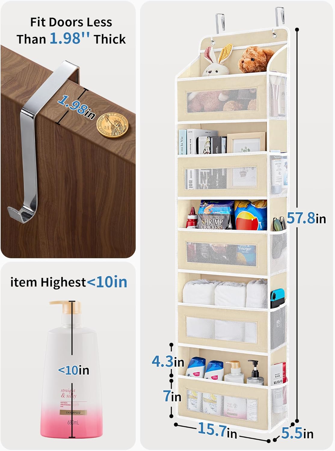 JARLINK Over The Door Organizer Storage, 5 Shelf Hanging Door Organizer with 5 Large Capacity Pockets, Anti Tilt 44 lb Load Behind Door Storage for Bedroom, Bathroom, Pantry, Nursery, (Beige)