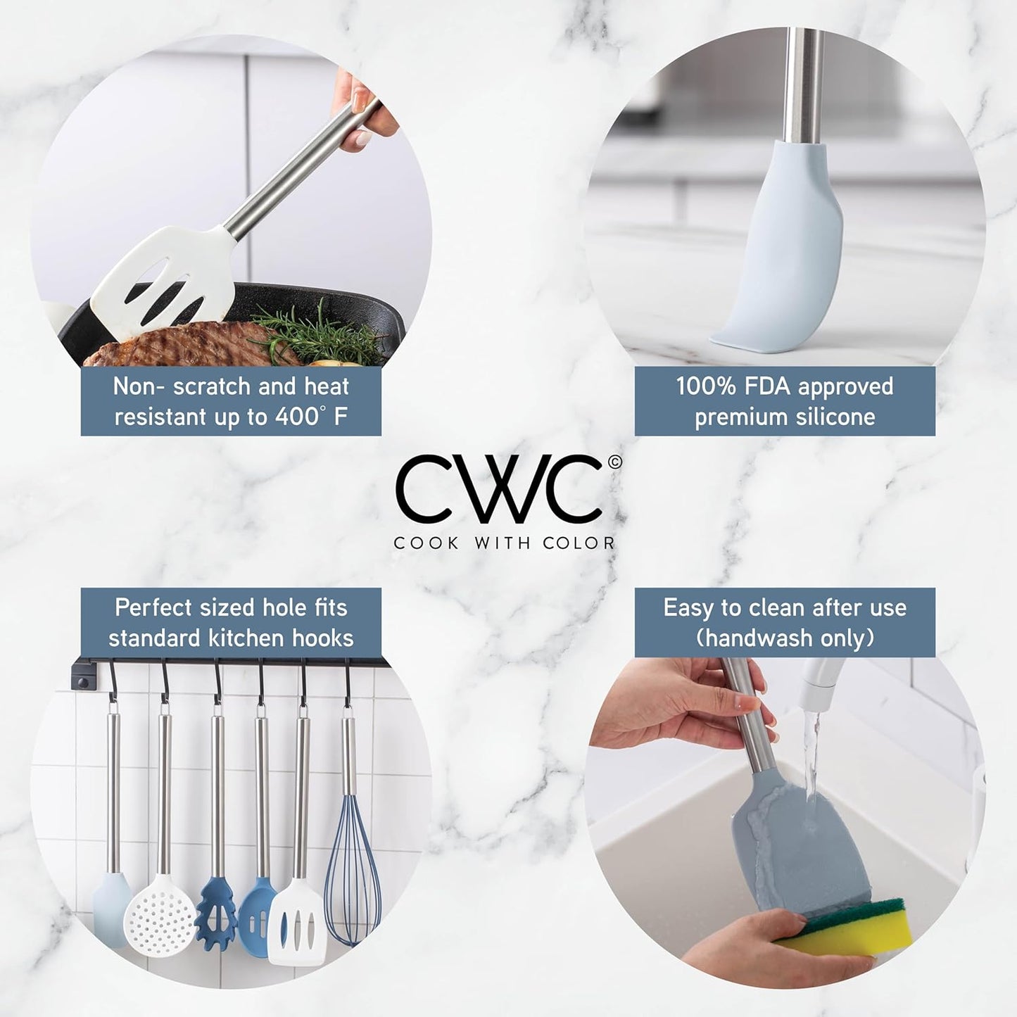 COOK WITH COLOR Silicone Cooking Utensils, Kitchen Utensil Set, Easy to Clean Silicone Kitchen Utensils, Cooking Utensils for Nonstick Cookware, Kitchen Gadgets Set, 38 Piece, Blue and White