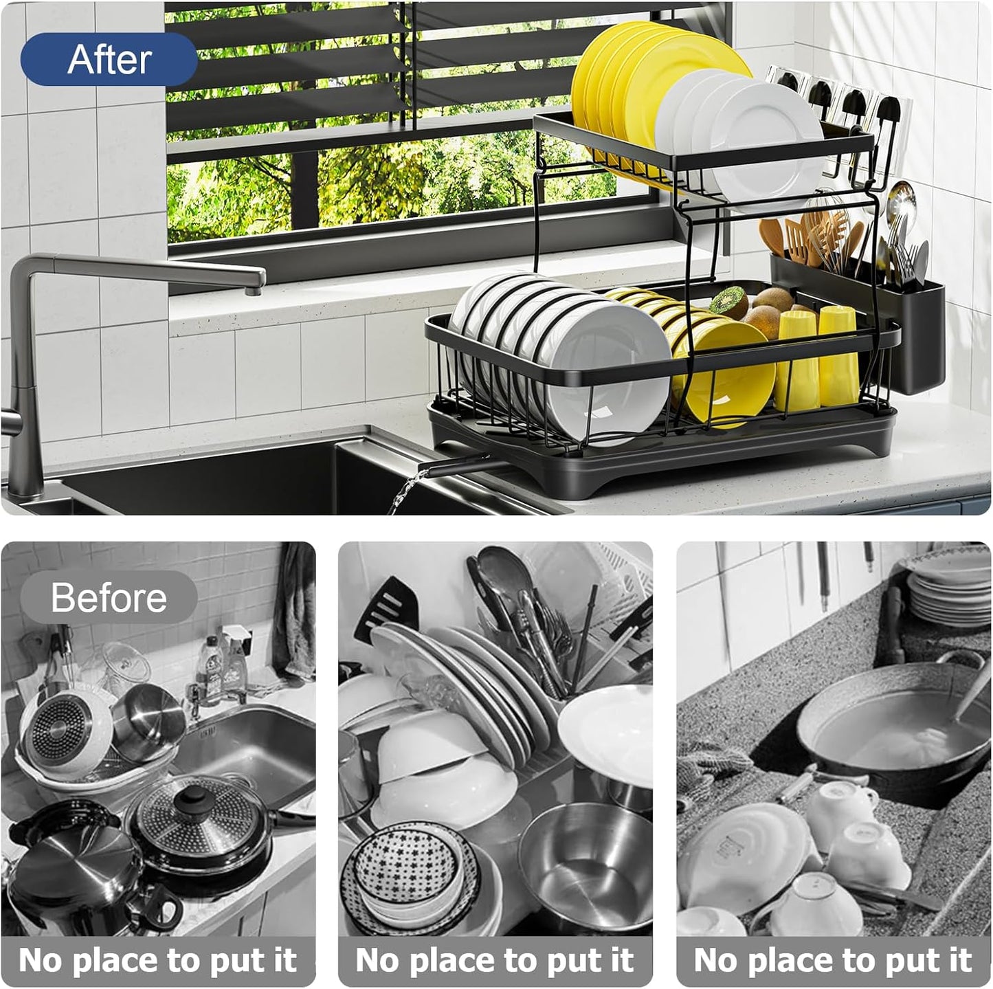 Dish Drying Rack 2-Tier Dish Racks for Kitchen Counter, Adjustable Spout Auto-Draining Dish Rack, Large Capacity for Plates, Bowls, Cups, Tableware，Dish Drainer with Drainboard,Black