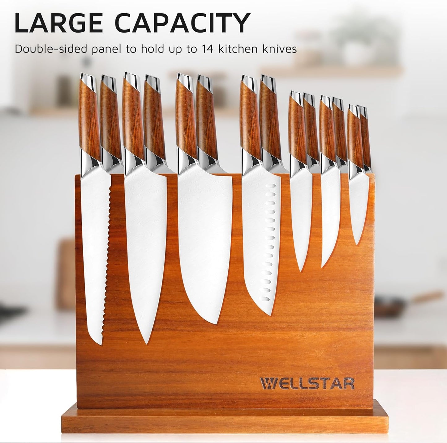 Modern Acacia Magnetic Knife Block Holder 12 x 10 Inches, Large Dual-Sided Strong Magnet Wood knives Stand, Luxurious Kitchen Counter Rack Organizer for a Stable and Stylish Cutlery Display