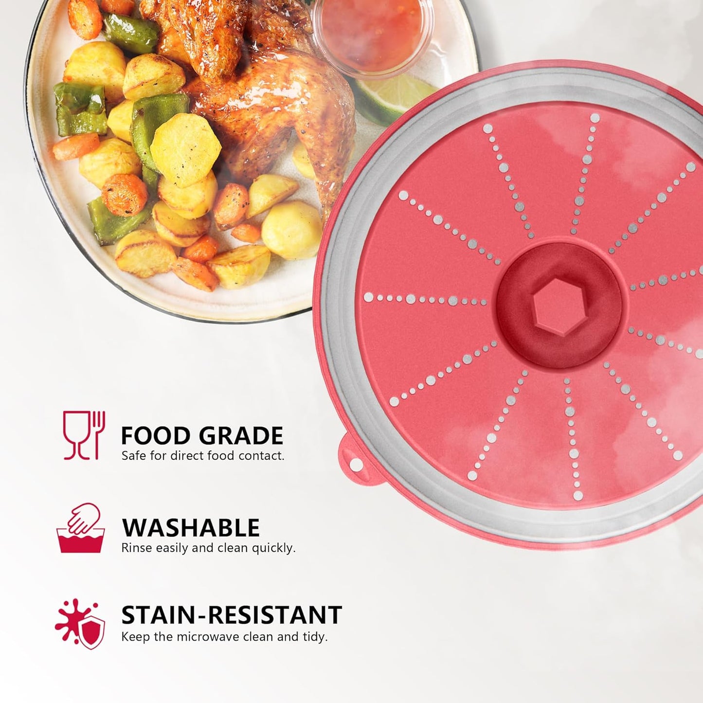 WVM Microwave Splatter Cover Vented for Food with Hook Hole, Splatter Guard & Colander Kitchen Gadget for Food, Meal Prep, Red