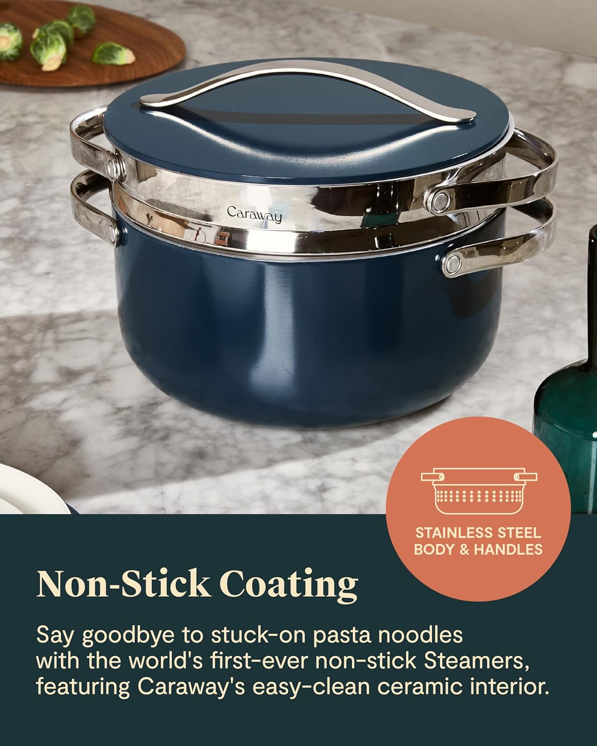 Caraway Steamer - Stainless Steel Steamer with Handles - Non Stick, Non Toxic Coating - Steam Veggies, Seafood, and More - Compatible With Our Dutch Oven or Sauce Pan - Large