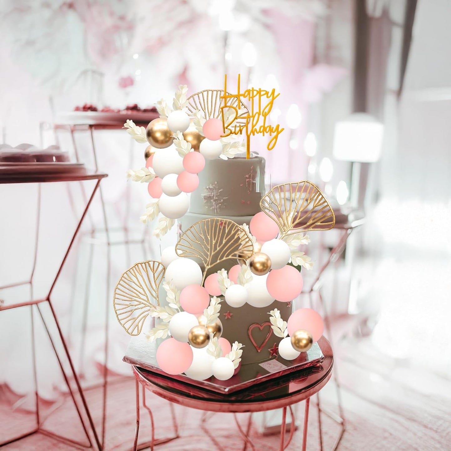 Gyufise 57Pcs Balls Cake Topper Boho Grass Cake topper Pearl Balls Acrylic Happy Birthday Cake Decorations for Wedding Baby Shower Birthday Boho Themed Party Supplies Pink