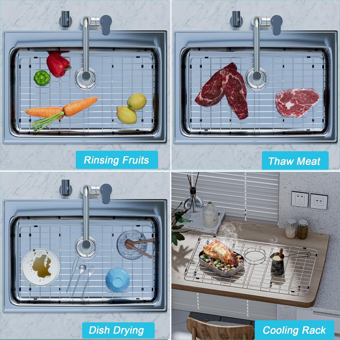 iPEGTOP Sink Bottom Grid, Stainless Steel Sink Protector 27-1/2" x 13-1/2" Rear Drain Hole with Corner Radius, Sink Grate Rack for Bottom of Kitchen Sink Single Bowl with Hole Cover