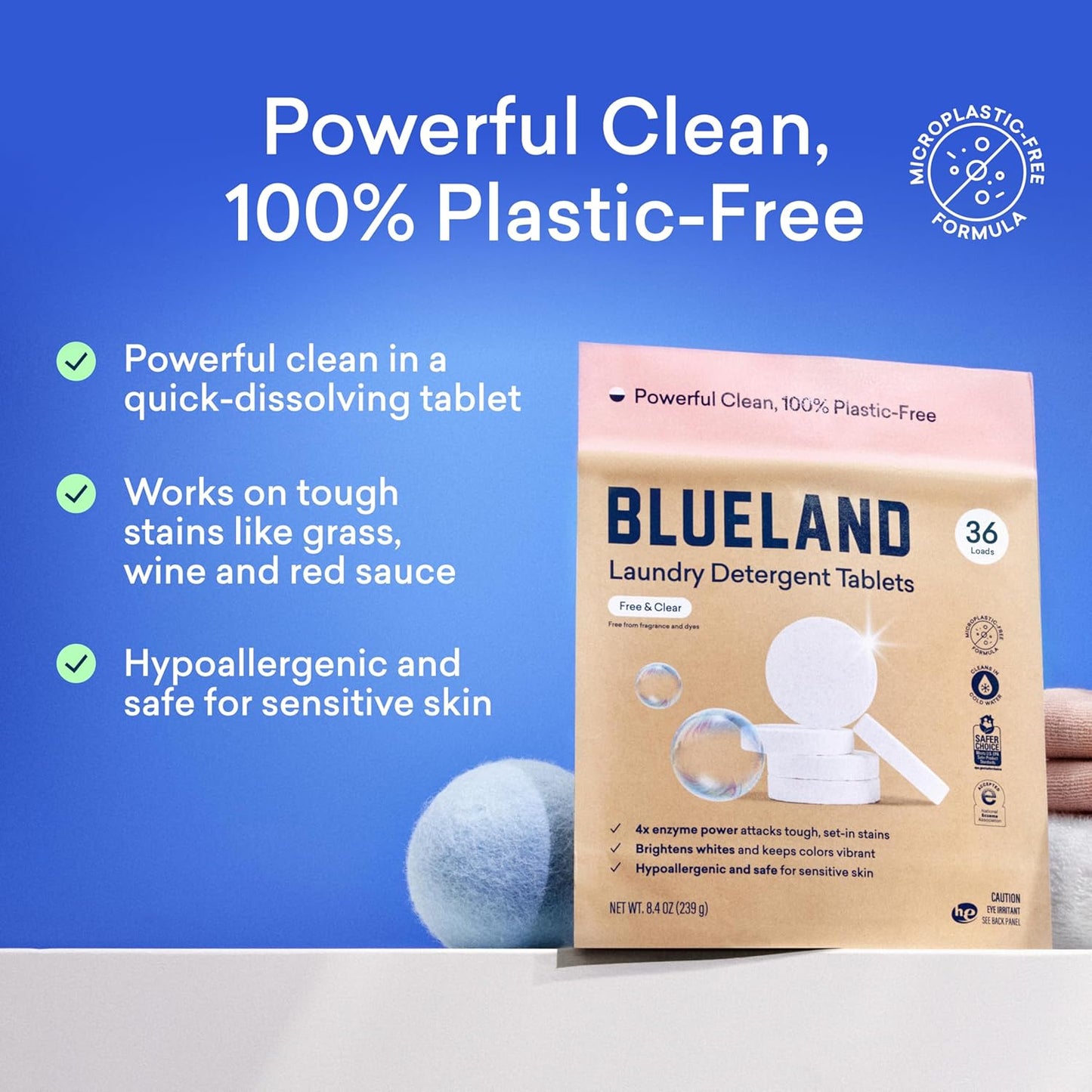 BLUELAND Laundry Detergent Tablets, Starter Set, 60 Count with Tin, Plastic-Free Eco-Friendly Pods, Sheets, Liquid Alternative - Fragrance Free and Clear, Natural, Gentle