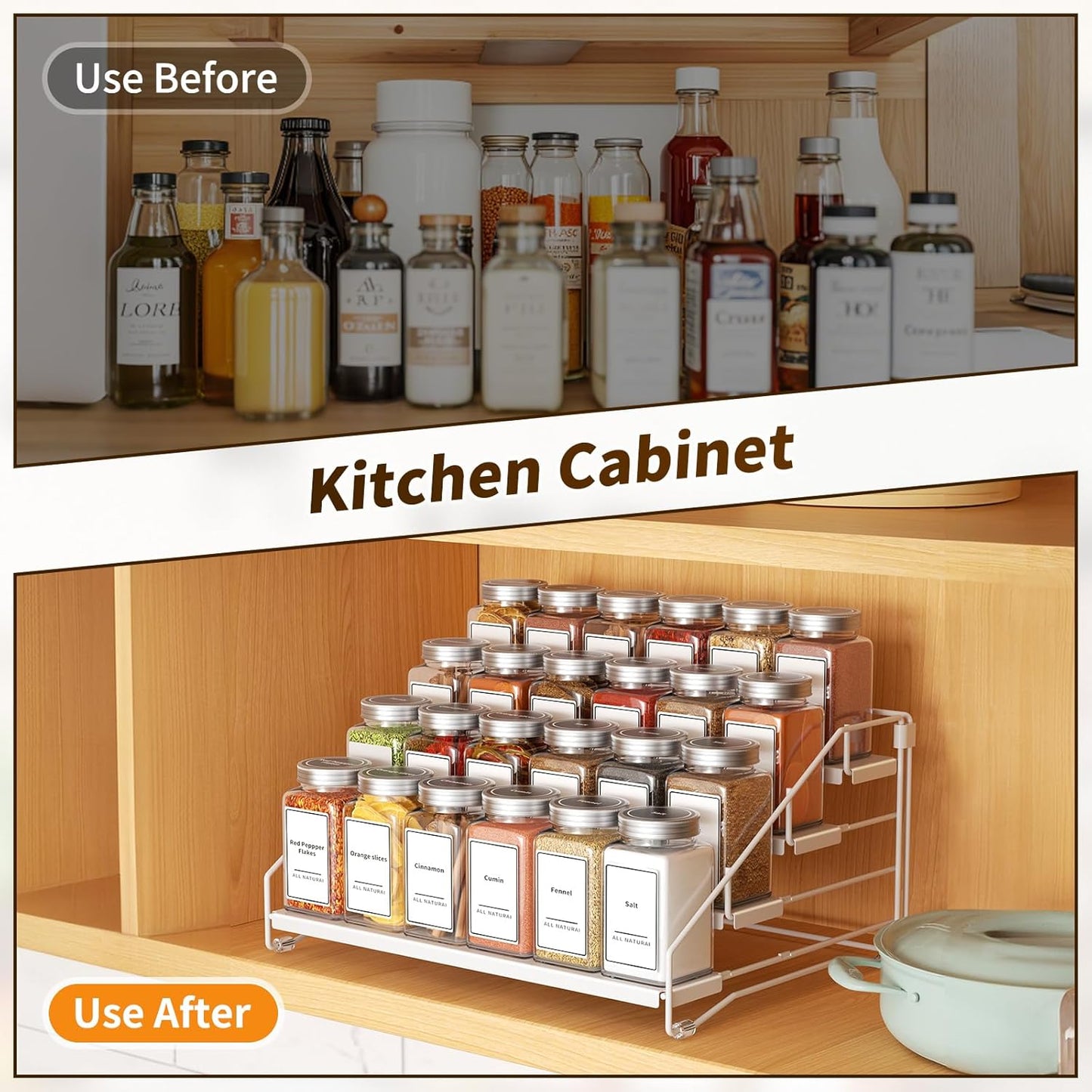 Tiered Spice Rack, 4 Tier Spice Shelf Organizer for Cabinet, Spice Rack Organizer, Depth Adjustable Seasoning Rack Organizer for Cabinet, Countertop, Pantry, Metal, White (1 Pack)