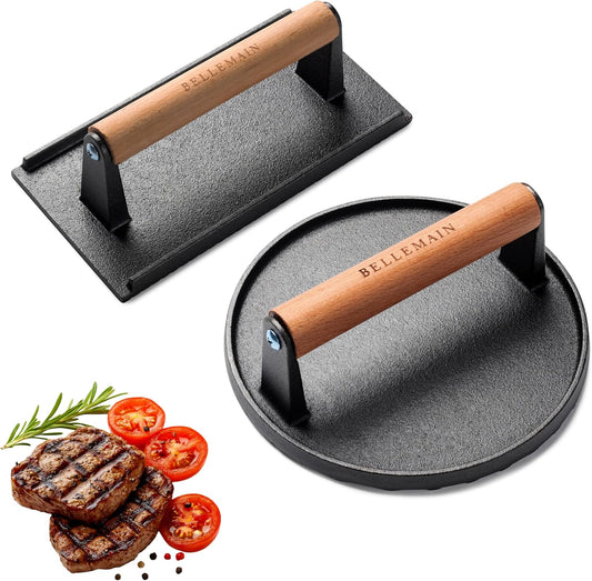 Bellemain Heavy-Duty Cast Iron Grill Press Set – Perfect Smash Burger Press & Steak Tool with Ergonomic Wood Handle for Pro-Level Searing on Griddle, Skillet, or BBQ