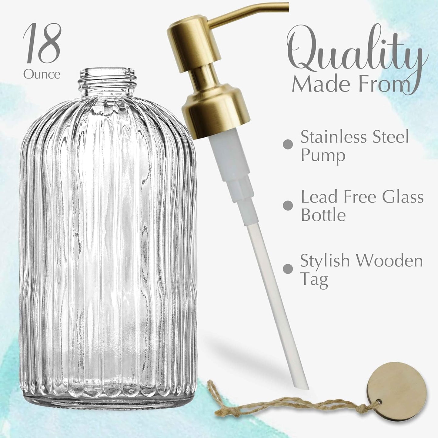 JASAI 18Oz Glass Soap Dispenser with Golden Pump for Kitchen,Refillable Liquid Hand soap Dispenser with Vertical Stripe, Clear Soap Dispenser Bathroom for Hand soap, Dish Soap, Lotion