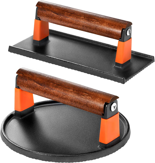 GGC Cast Iron Burger Press Kit, 7" Round and 8"x4" Rectangle Smash Burger Press Set for Grill and Griddle Cooking, 2PCS Meat Press with Wooden Handle for Bacon, Hamburgers, Eggs, Sandwiches