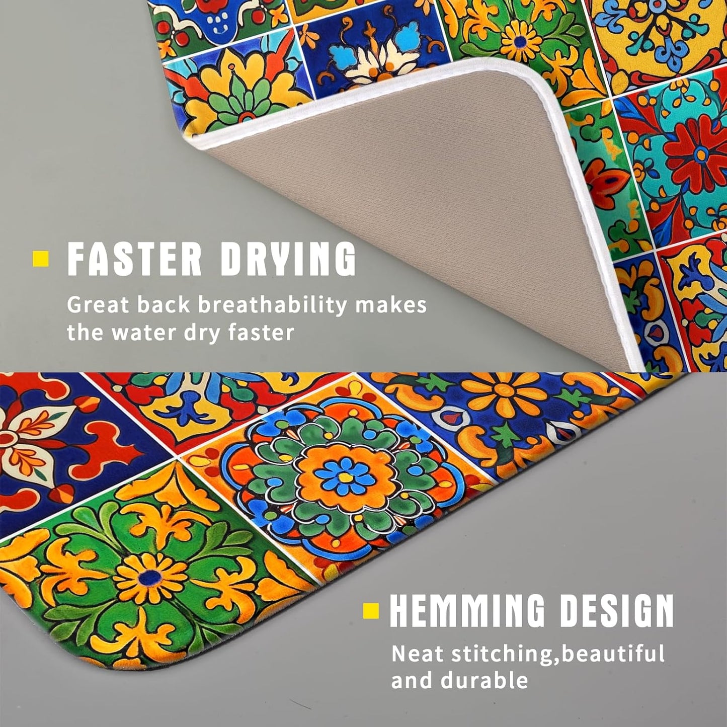 Mexican Tiles Dish Drying Mat for Kitchen Counter Absorbent Microfiber Dish Drying Pad Kitchen Gadgets Multi-use