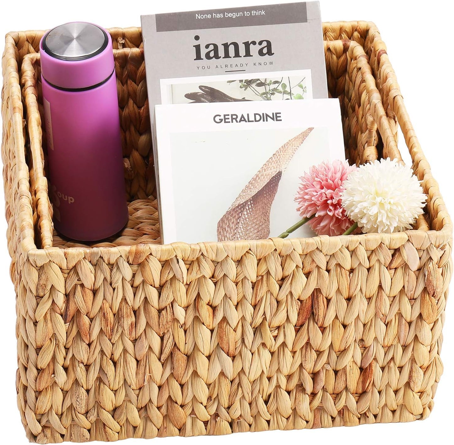 HOONEX Water Hyacinth Storage Baskets for Organizing, Decorative Wicker Baskets with Carrying Handles, Set of 2, Natural