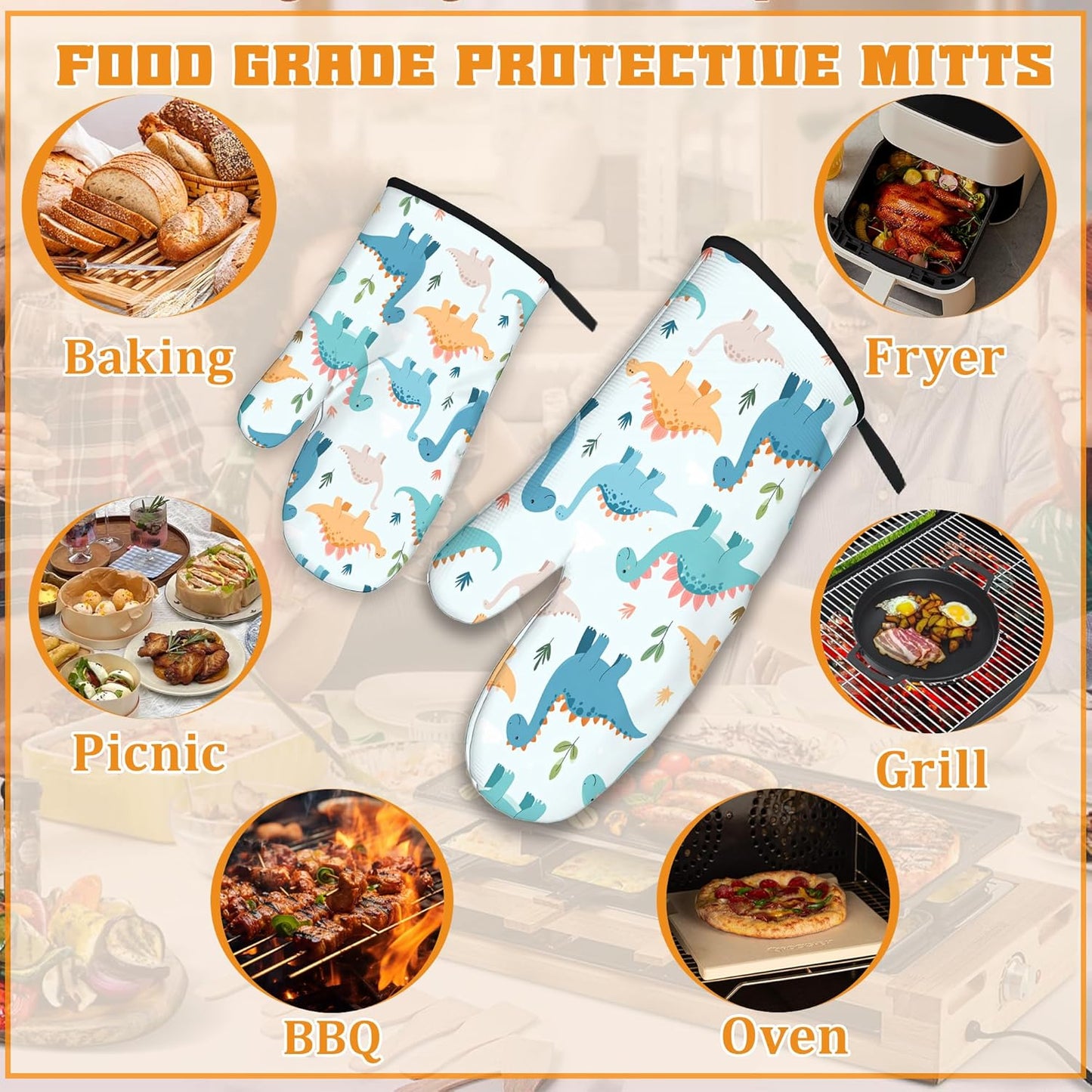 Cute Dinosaur Oven Mitts and Pot Holders,Heat Resistant Oven Mitts Gloves and Pot Holder for Home Kitchen Decorations Cooking Baking BBQ Gifts,Set of 4