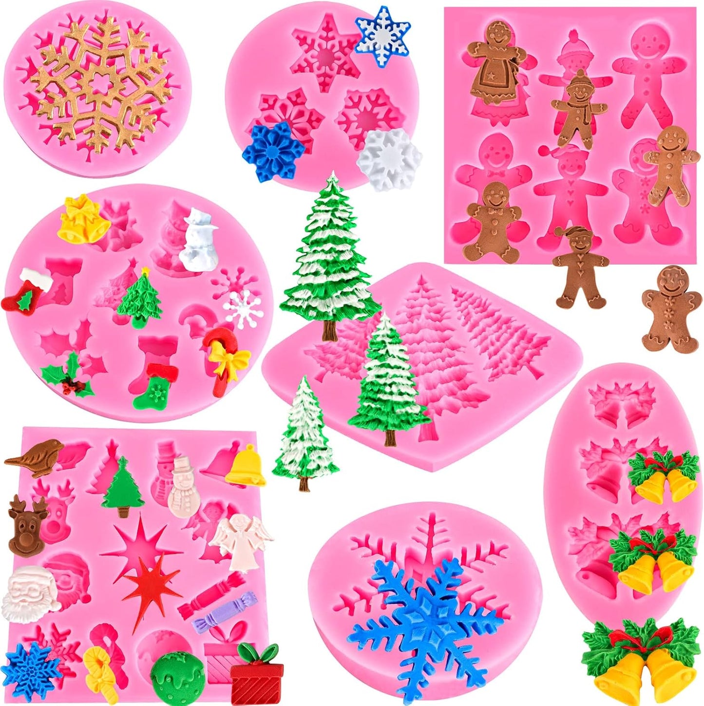Christmas Silicone Molds Snowflake Molds Mini Xmas Fondant Chocolate Candy Cake Molds Christmas Snowman Tree Snowflake Holly Leaves Santa Claus Baking Molds for Xmas New Year Party Cake Decor