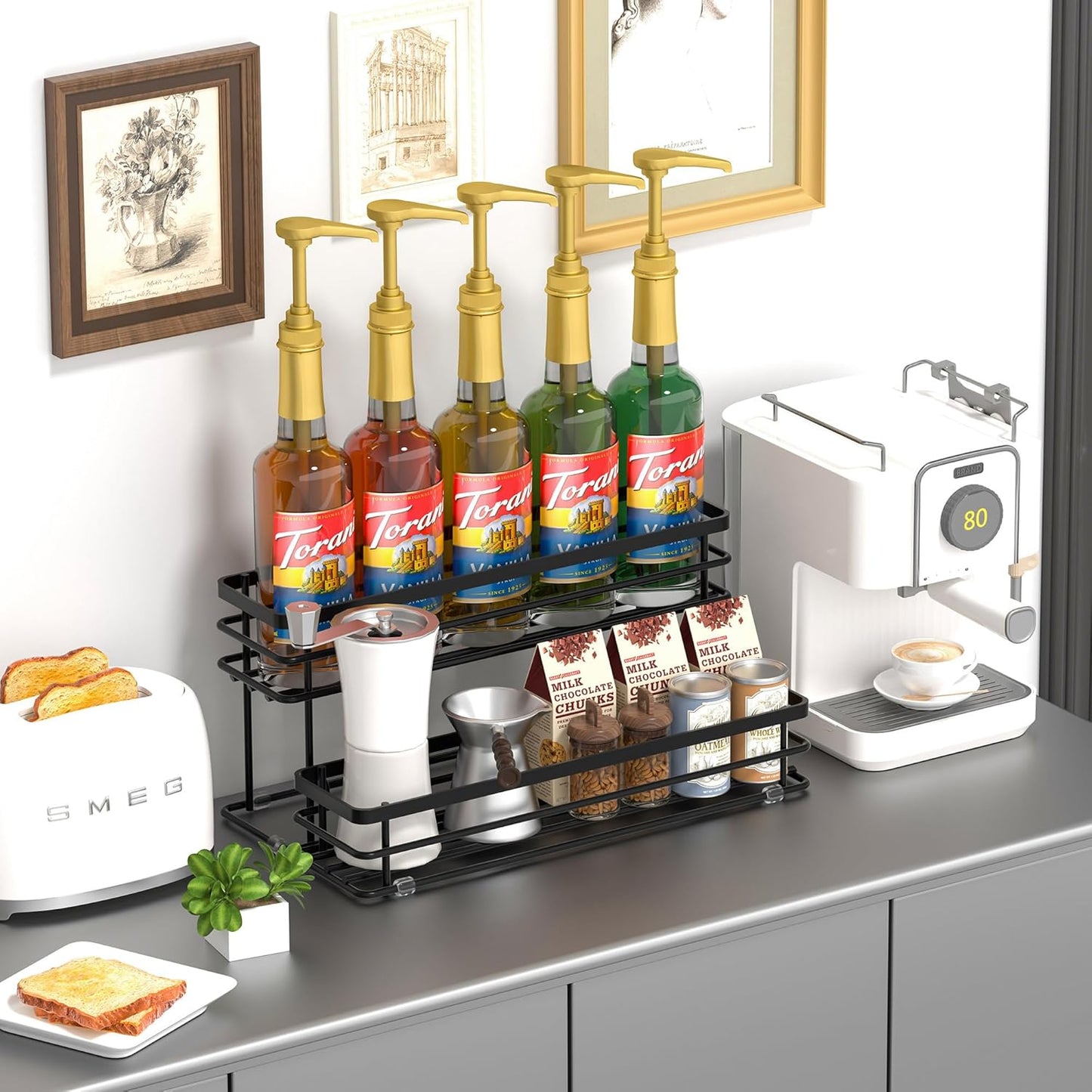 Coffee Syrup Rack Organizer, Syrup Bottle Holder Stand for Coffee Bar, 2-Tier 10 Bottles Storage Shelves for Syrup, Wine, Dressing for Kitchen Countertop (10 Bottles Black)