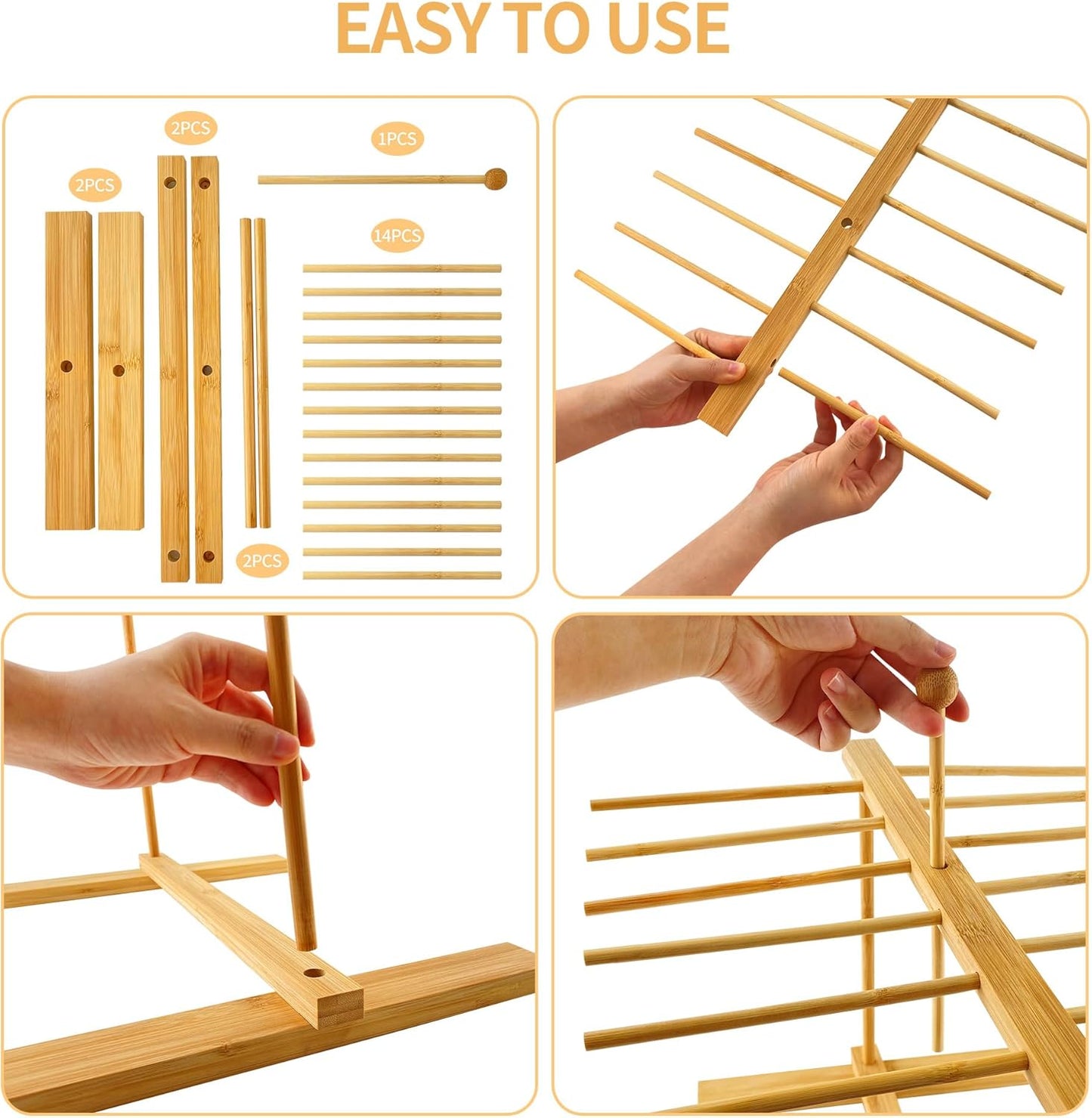 Bamboo-Pasta-Drying-Rack with Transfer Wand & 14 Arms, Large Collapsible Fresh Pasta Dryer Holder for Homemade Noodle, Spaghetti, Tagliatelle, Detachable Fettuccine Hanger Stand with 14 Bars
