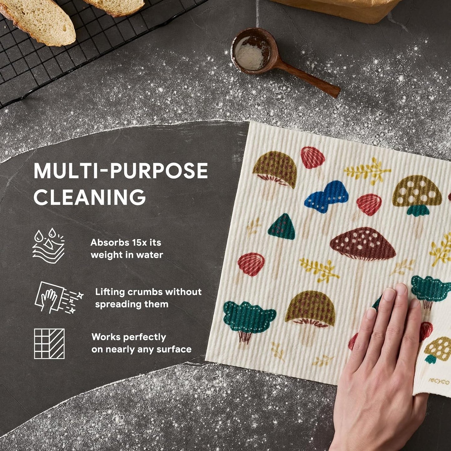 RECYCO Swedish Dishcloths for Kitchen | 4 Pack Oversized Washable Dish Rags | Large Cellulose Reusable Cleaning Paper Towels | Absorbent Counter Dish Cloth Sponge XL Kitchen Wipes, 12" L x 10" W