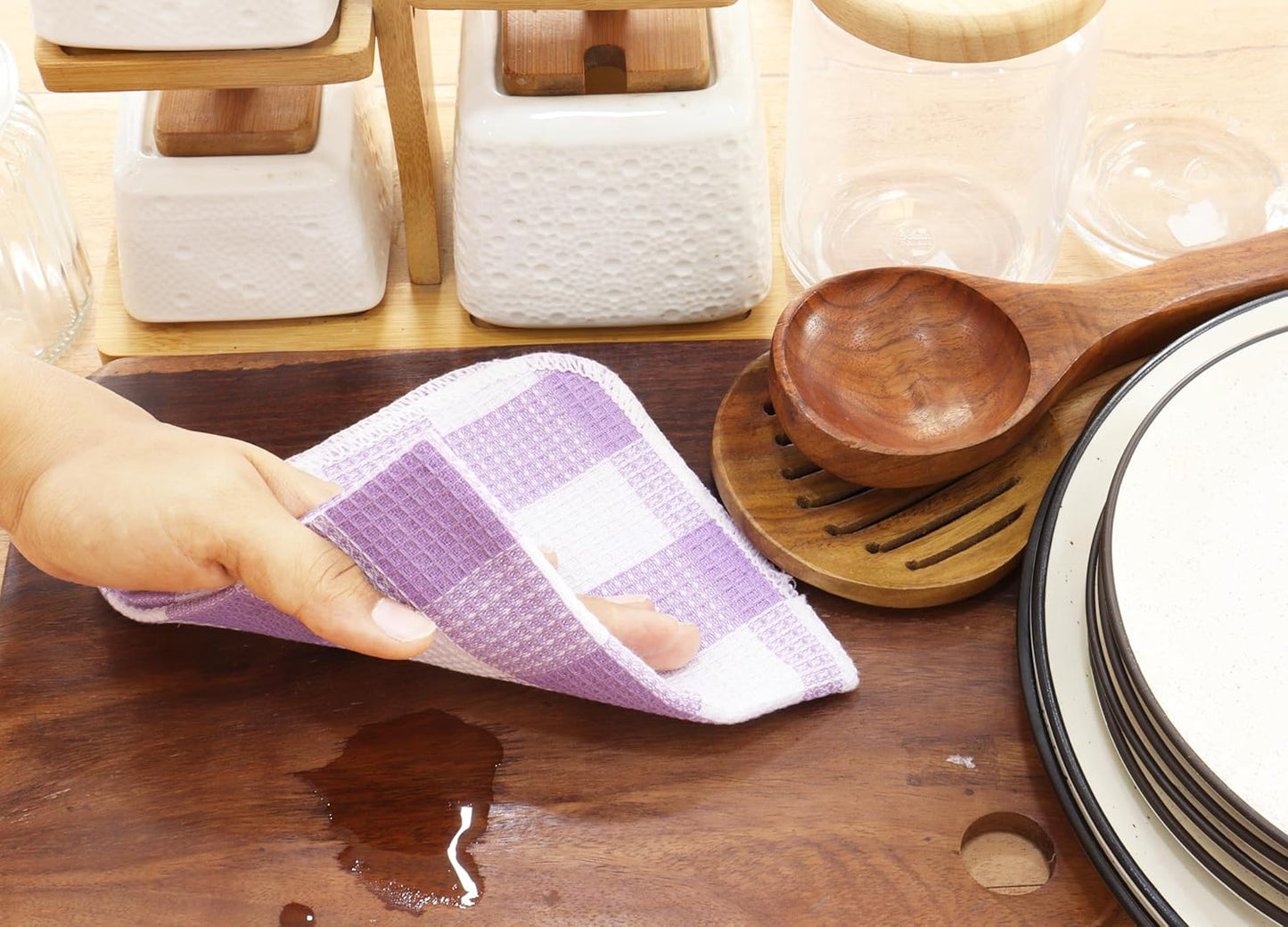 Waffle Weave Plaid Dish Cloths, 100% Cotton - 12 x 12 Inches, Ultra Soft Absorbent Quick Drying Dish Towels Buffalo Check Dish Rags for Kitchen, 6 Pack - Spring Summer - Lavender and White