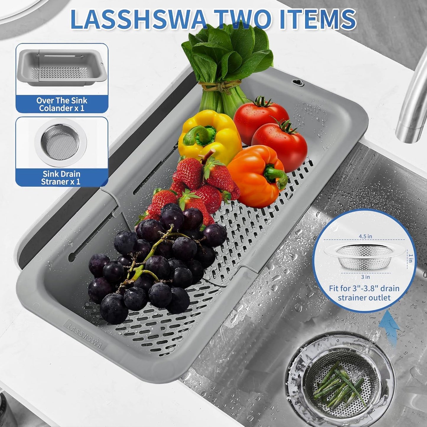 LASSHSWA Collapsible Colander and Strainer for Kitchen, Over the Sink Strainer Basket for Kitchen, Fruit Pasta Food Strainer Expandable Plastic Colander with A Sink Drain Strainer Stainless Steel