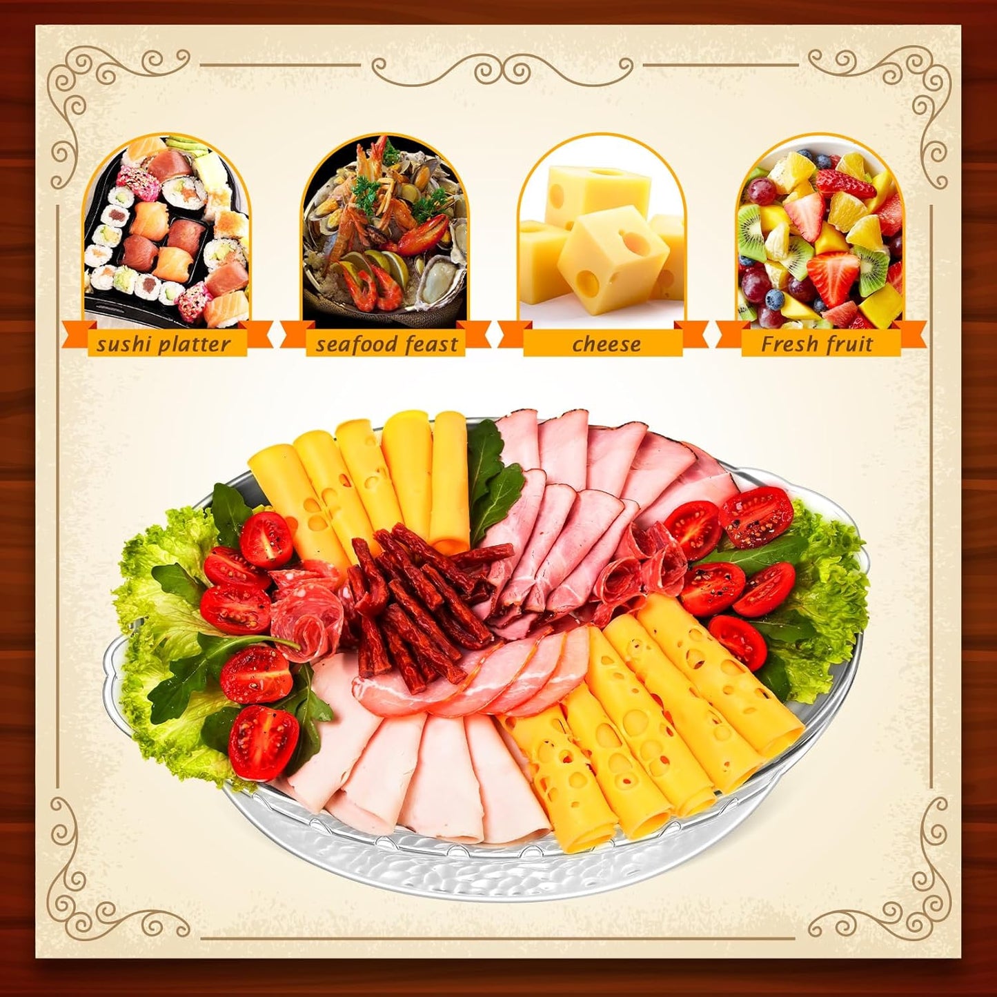 Baderke 3 Set 11.8" Chilled Serving Tray for Parties with Compartments Ice Chilled Party Platter Charcuterie Serving Board Cold Dish Dip for Fruit Seafood Vegetable Shrimp Cocktail (Natural)