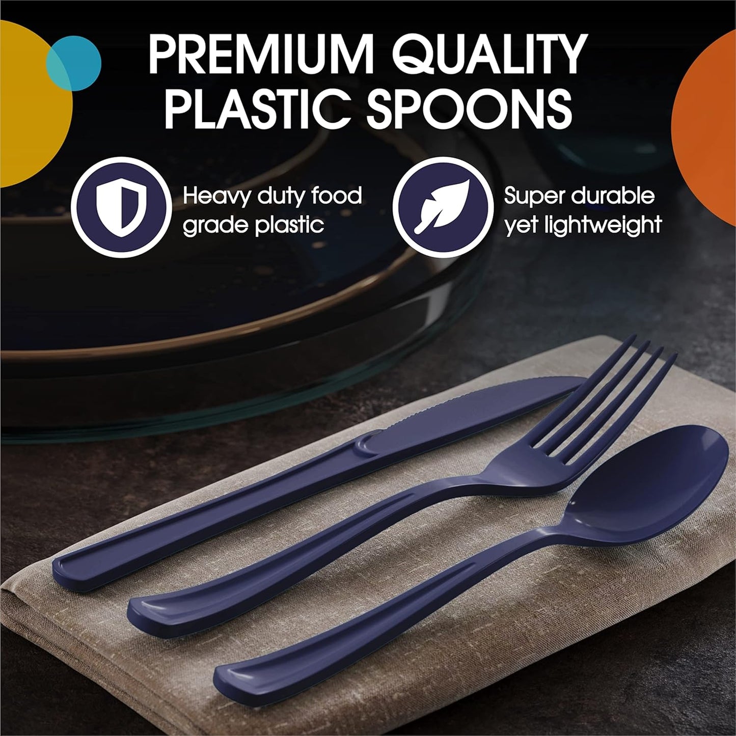 Heavy Duty Plastic Cutlery - 200 Pcs, Disposable Navy Plastic Spoons, Flatware, Silverware