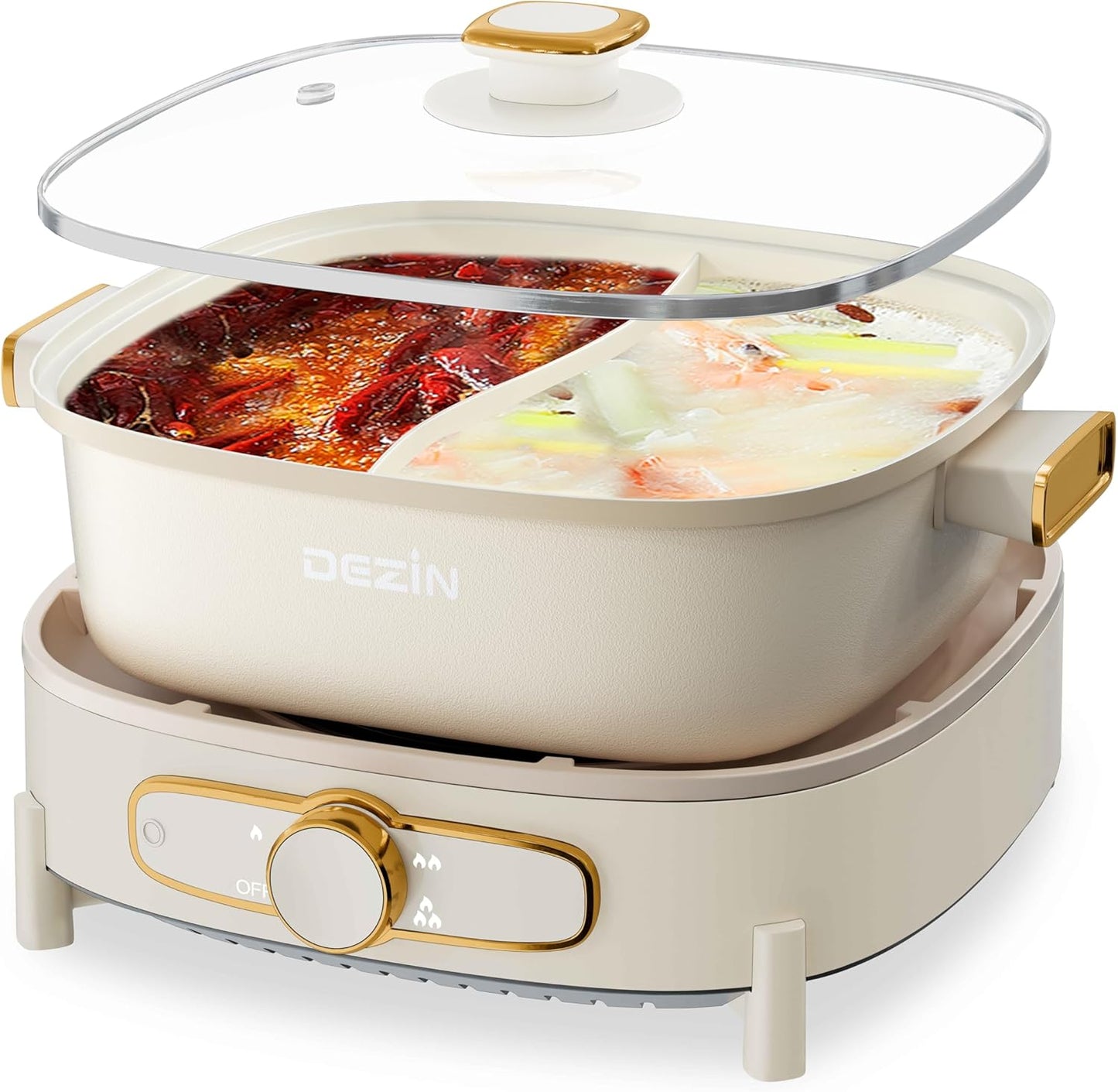 Dezin Hot Electric Shabu Shabu Pot, 5.5L Double-Flavor, Removable Non-Stick Dual Sided Cooker, 3" Depth Divided Pot with Multi-Power Control, 2 Silicone Ladles