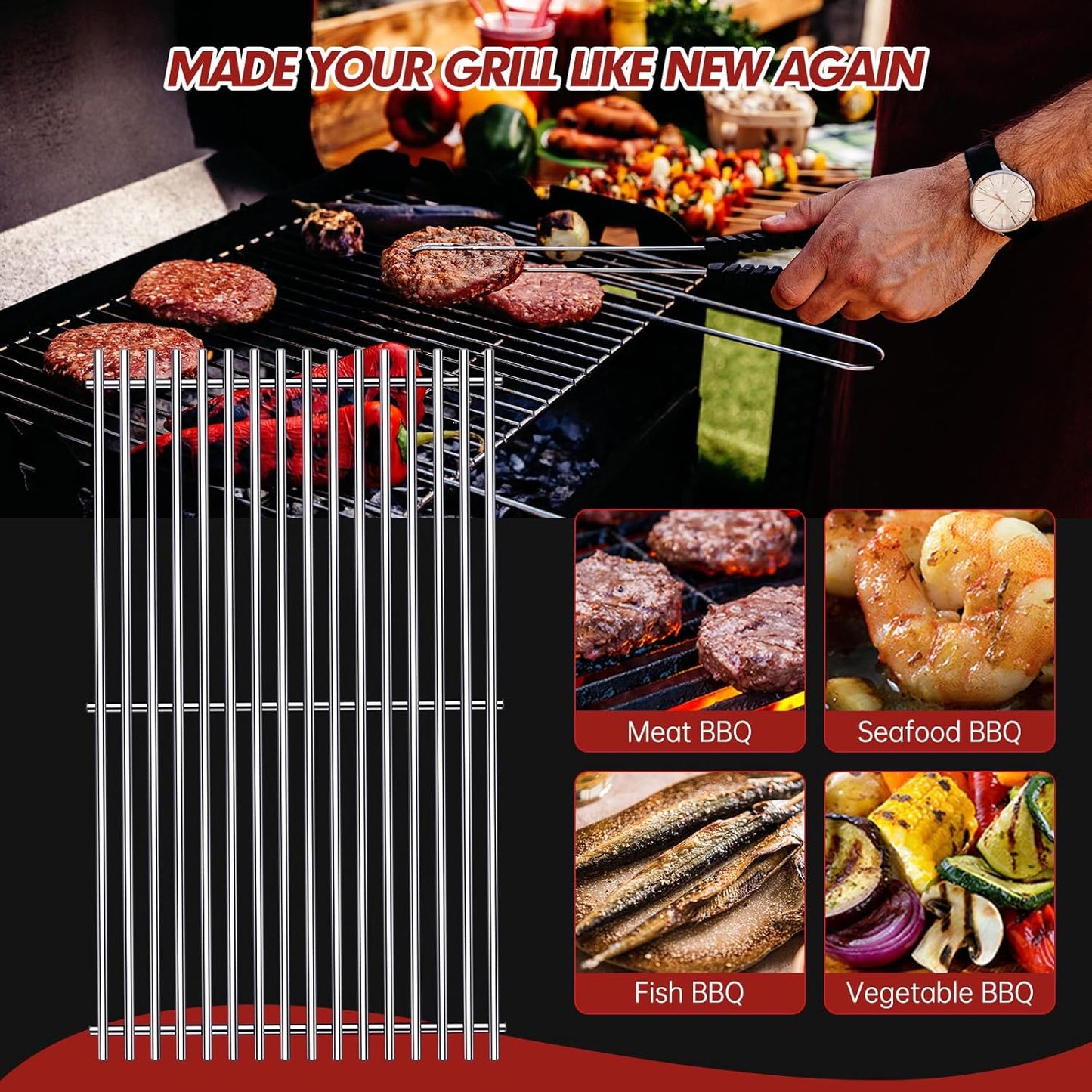 Grill Grates Parts for Weber Genesis Grill 66089, 66097, Weber Genesis II E-410, S-410, E/S-415, E/S-435, LX E/S-440, 18” Stainless Steel Grids BBQ Gas Grill Replacement Parts