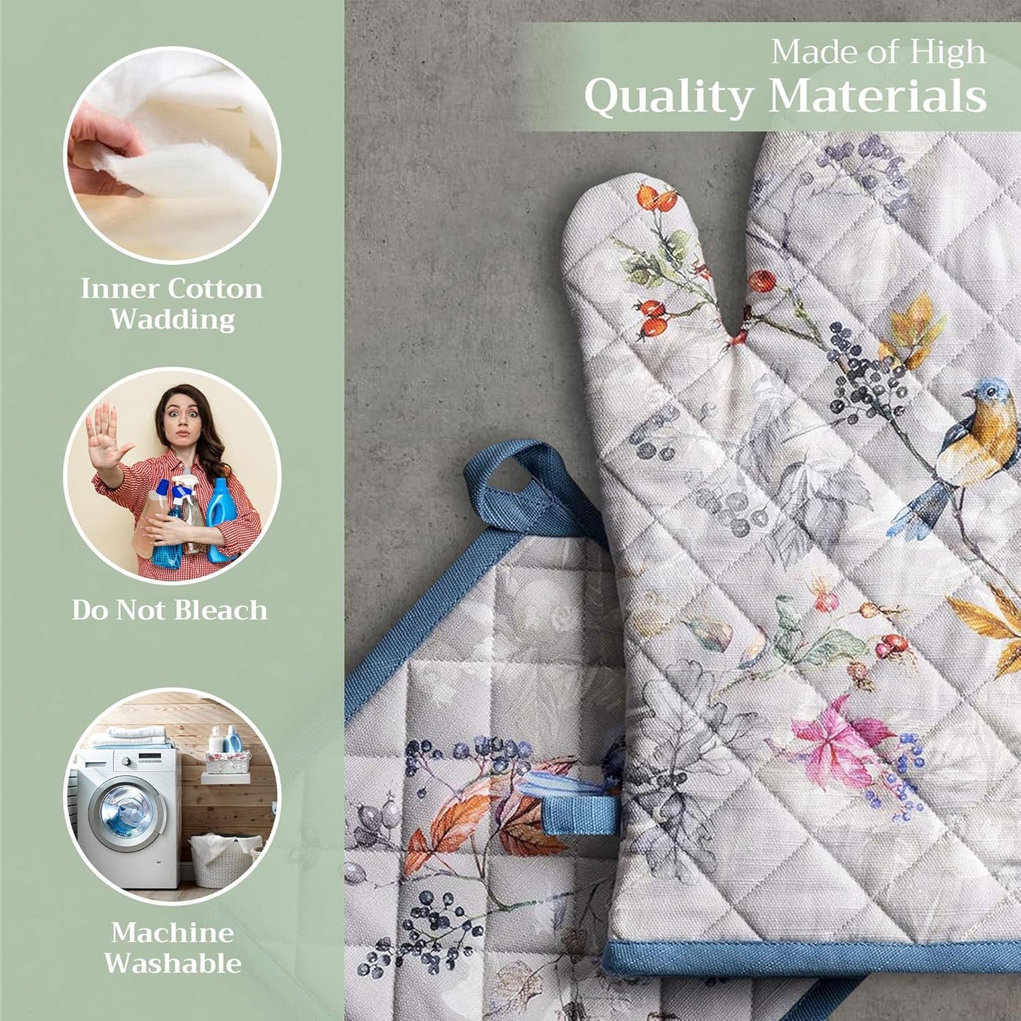 Maison d' Hermine 100% Cotton Oven Mitt & Pot Holder Set (7.5"x13" & 8"x8") Heat Resistant BBQ Cooking Gloves with Loop, Baking, Grilling, Kitchen, Handling Hot Pans (Equinoxe - Grey)