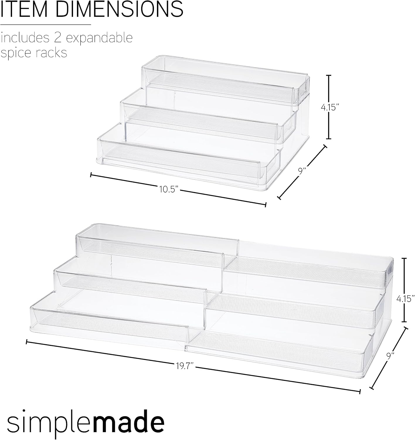 SIMPLEMADE 3-Tier Spice Rack Organizer - Versatile Storage Shelf for Kitchen, Bathroom, Bedroom & Office, Set of 2, Expandable Clear
