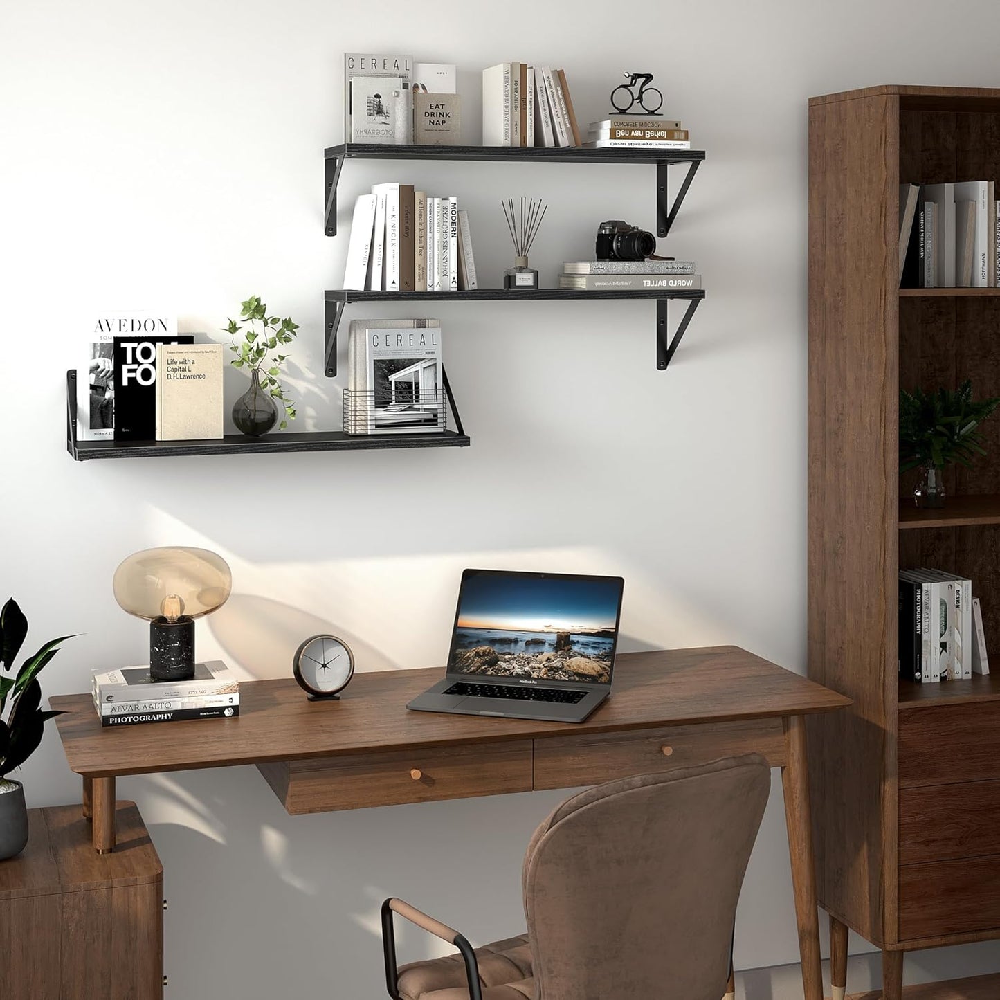 Heimlove Floating Shelves for Wall, 24 Inch Long Wood Floating Shelves Set of 3, Wall Mounted Hanging Shelf for Bathroom Bedroom Kitchen, Black