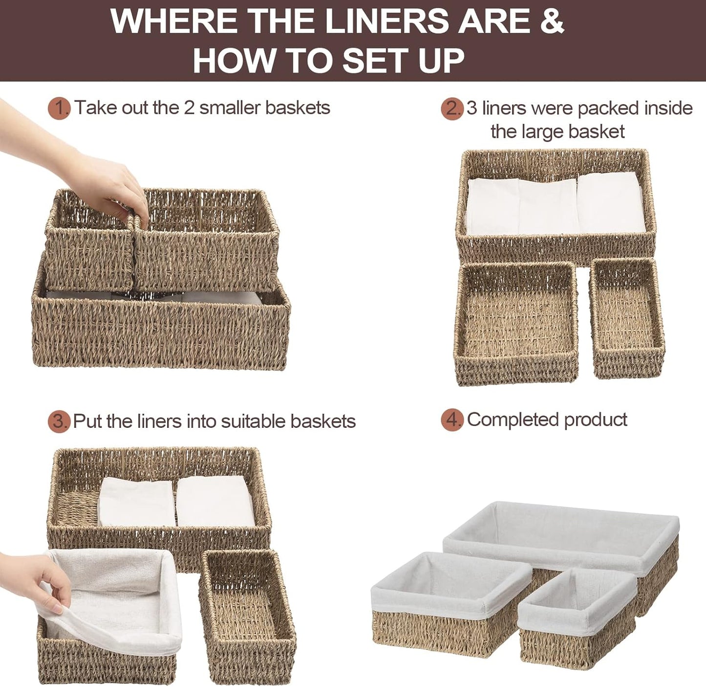 FairyHaus Seagrass Storage Baskets with Liner, Natural Small Seagrass Baskets, Hand-woven Nesting Wicker Baskets Set for Shelves Rectangle 3Pack (L+M+S)