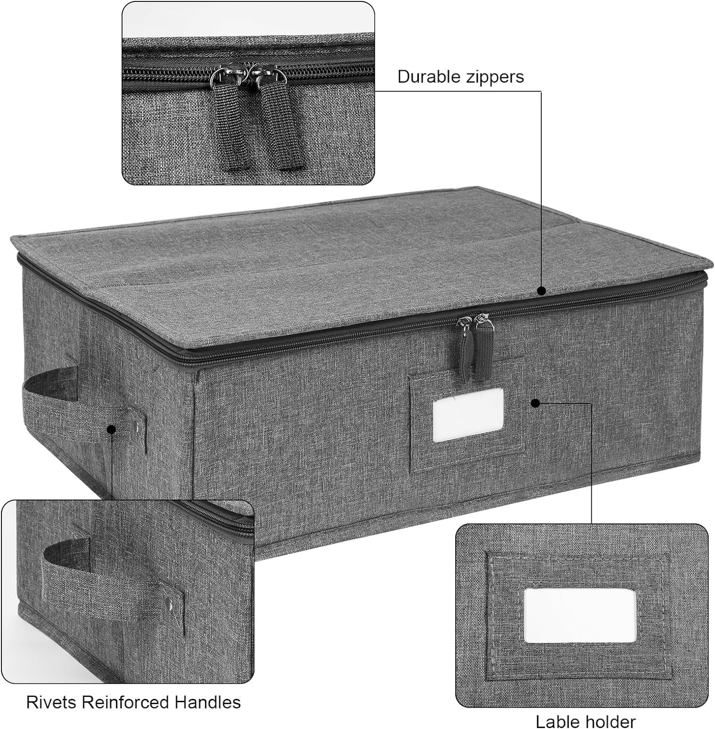 China Storage Containers Hard Shell 2 Pack, Platter Storage Case 17" x 13" x 6", 5 Felt Dividers Included, Structured Top and Stackable (Linen Grey)