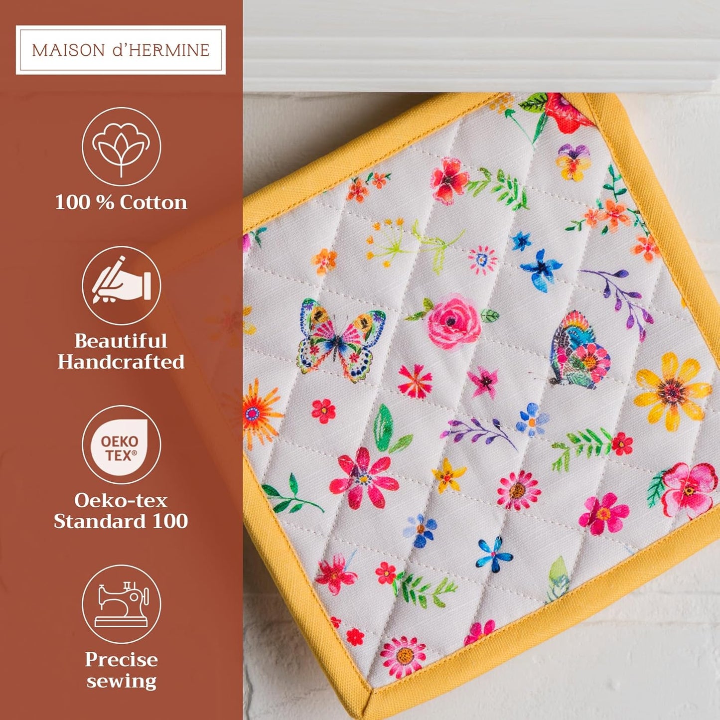 Maison d' Hermine Pot Holders 100% Cotton Heat Resistant Potholders 8" x 8" Hot Pads with Loop BBQ, Cooking, Grilling, Kitchen, Handling Hot Pans Spring/Summer (Pack of 1, Happy Florals - Sweety)