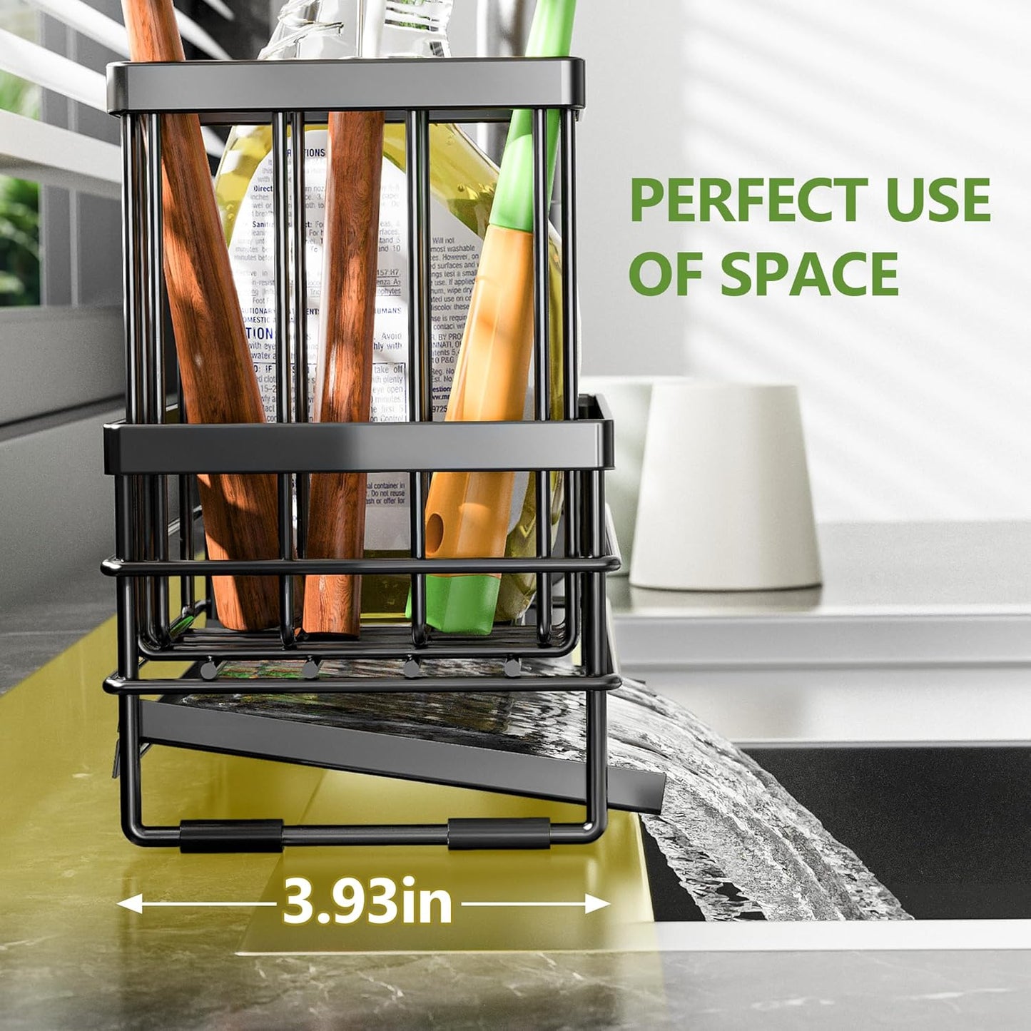 Cisily Sink Caddy Sponge Holder for Kitchen with Brush Holder and Stainless Steel Self Drain Tray, Rustproof Kitchen Sink Organizer for Sponge, Soap Dispenser Storage Accessories (Black)