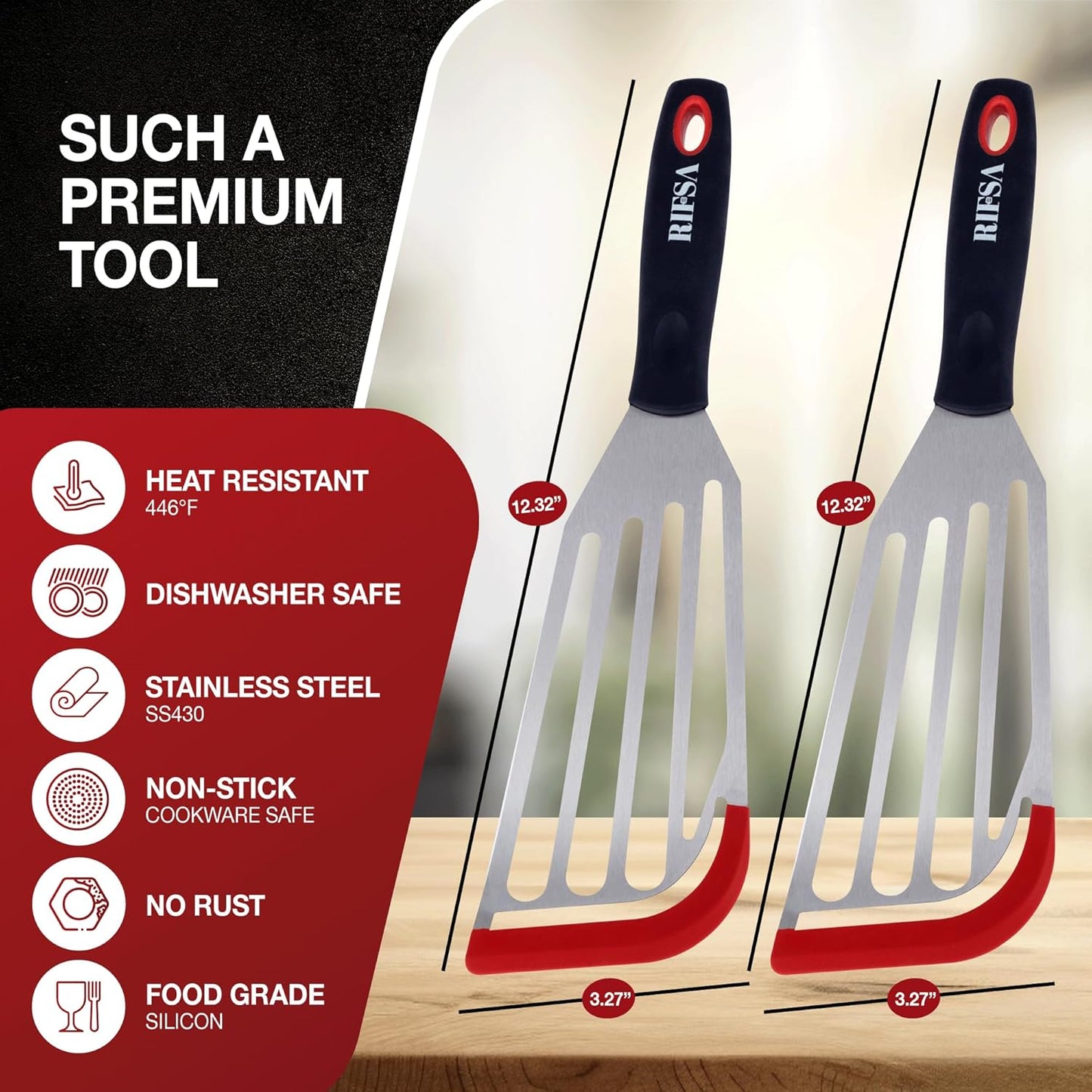 Fish Spatula Set of 2, Stainless Steel Fish Spatulas with Heat-Resistant Silicone Tips, Non-Scratch Design for Non-Stick Cookware, Silicone Slotted Spatula for Frying, Flipping Fish, Eggs & Pancakes