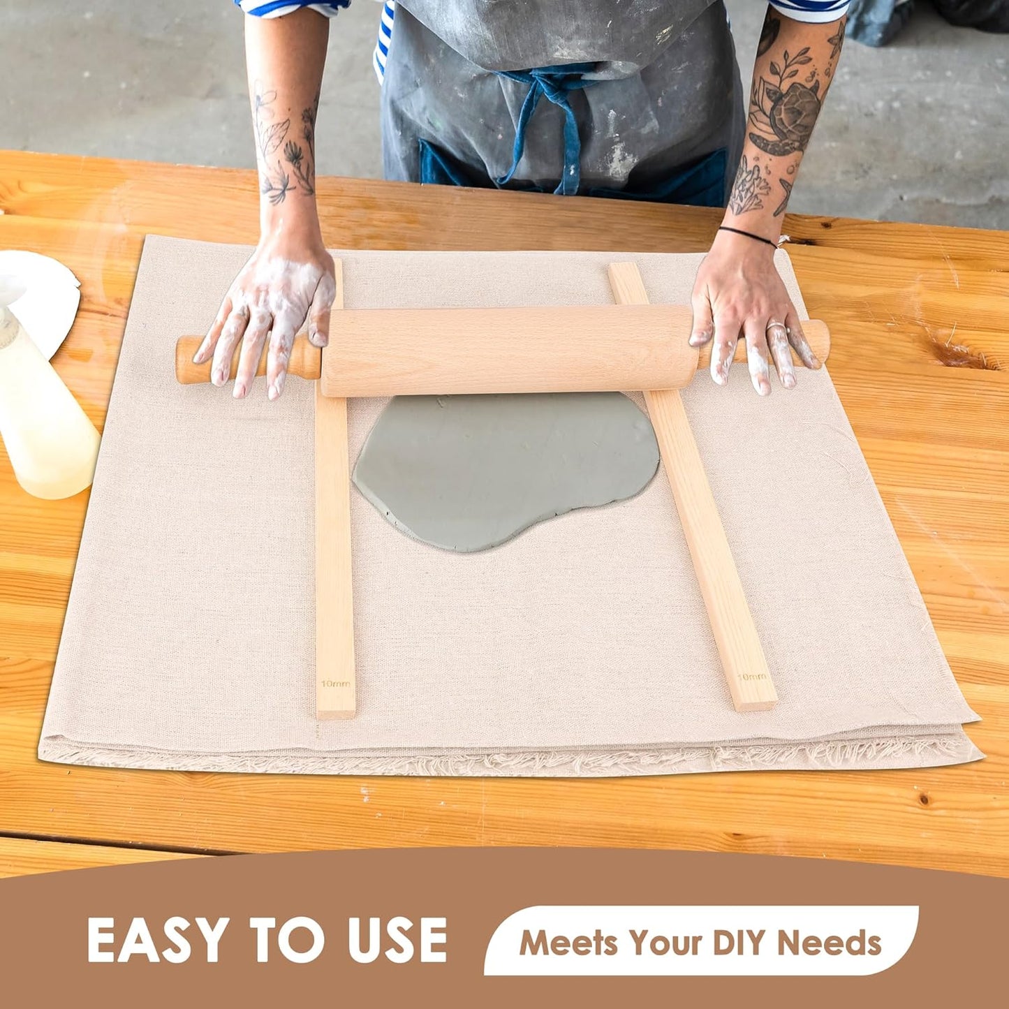 12 Pcs Pottery Tools Teaching Set, Include17in Slab Roller for Clay Pottery and 10 Pcs 5 Size Wooden Rolling Pin Guides, 1 Linen Tablecloth for Ceramic Clay Making