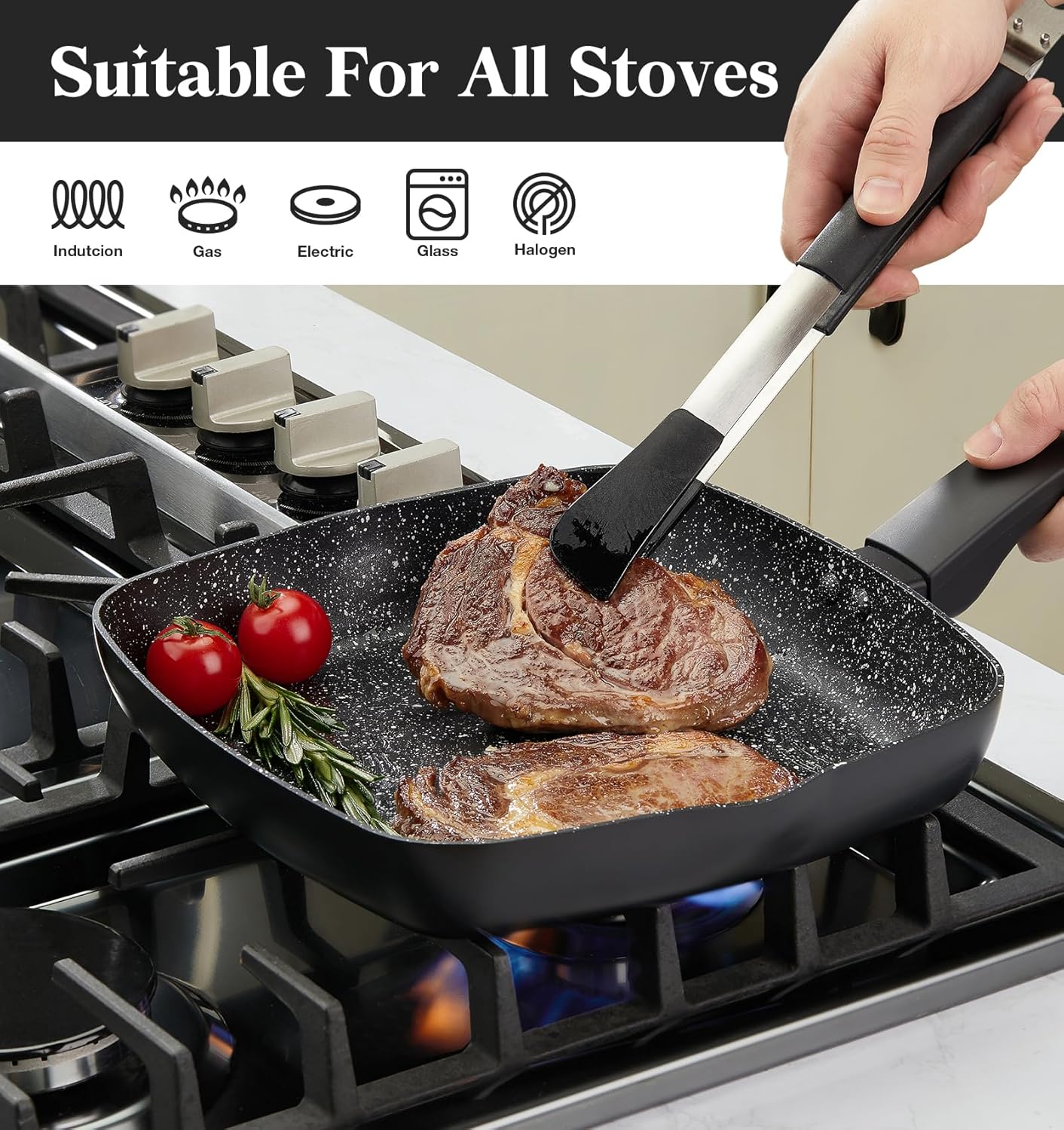 KOCH SYSTEME CS Nonstick Grill Pan 11 Inch, Marble Coating Square Grill Pan with Lid, Ultimate Nonstick Square Skillet with Bakelite Handle, Compatible with All Stovetops, Toxic-Free, 11 Inch