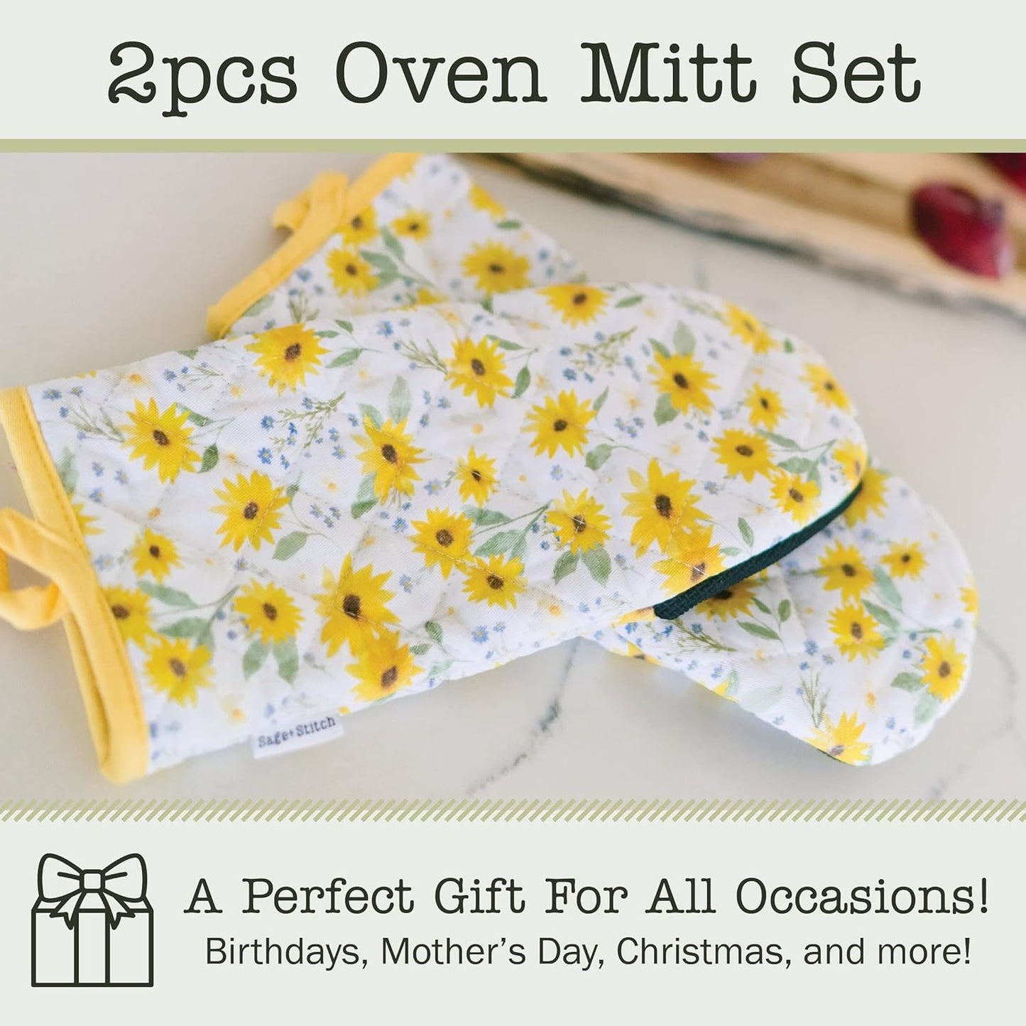 Heat Resistant Designer Kitchen Oven Mitts with Neoprene Non-Slip Grips and Hanging Loops | Set of 2 100% Cotton Long Sleeve Kitchen Oven Mitts | 5.5" x 12" | Sun Flowers