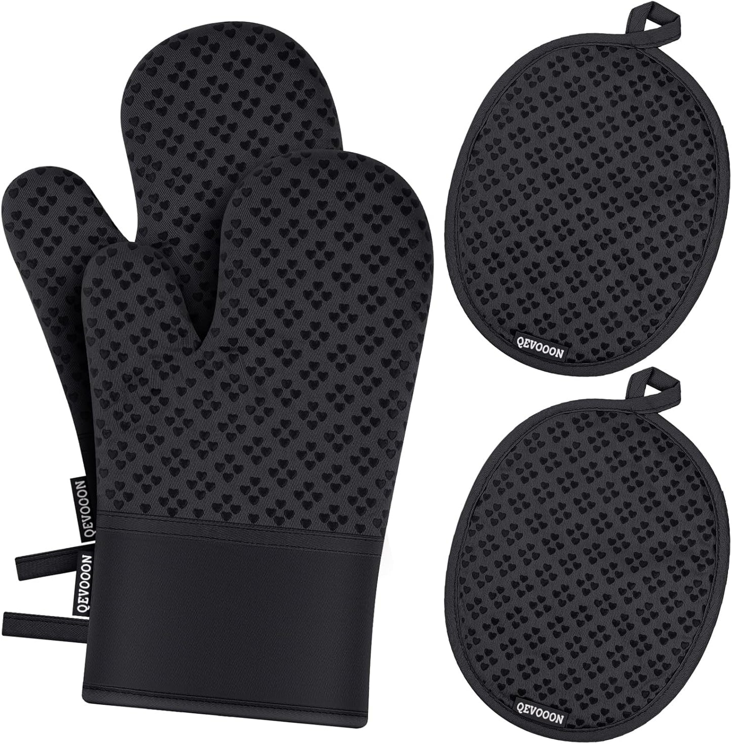 Oven Mitts and Pot Holders 4 Sets, Heat Resistant 500 ℉ Oven Mitt and Pot Holder,Oven Glove&Potholders with Non-Slip Silicone Surface,Kitchen Essentials for Cooking/Baking/BBQ-Black