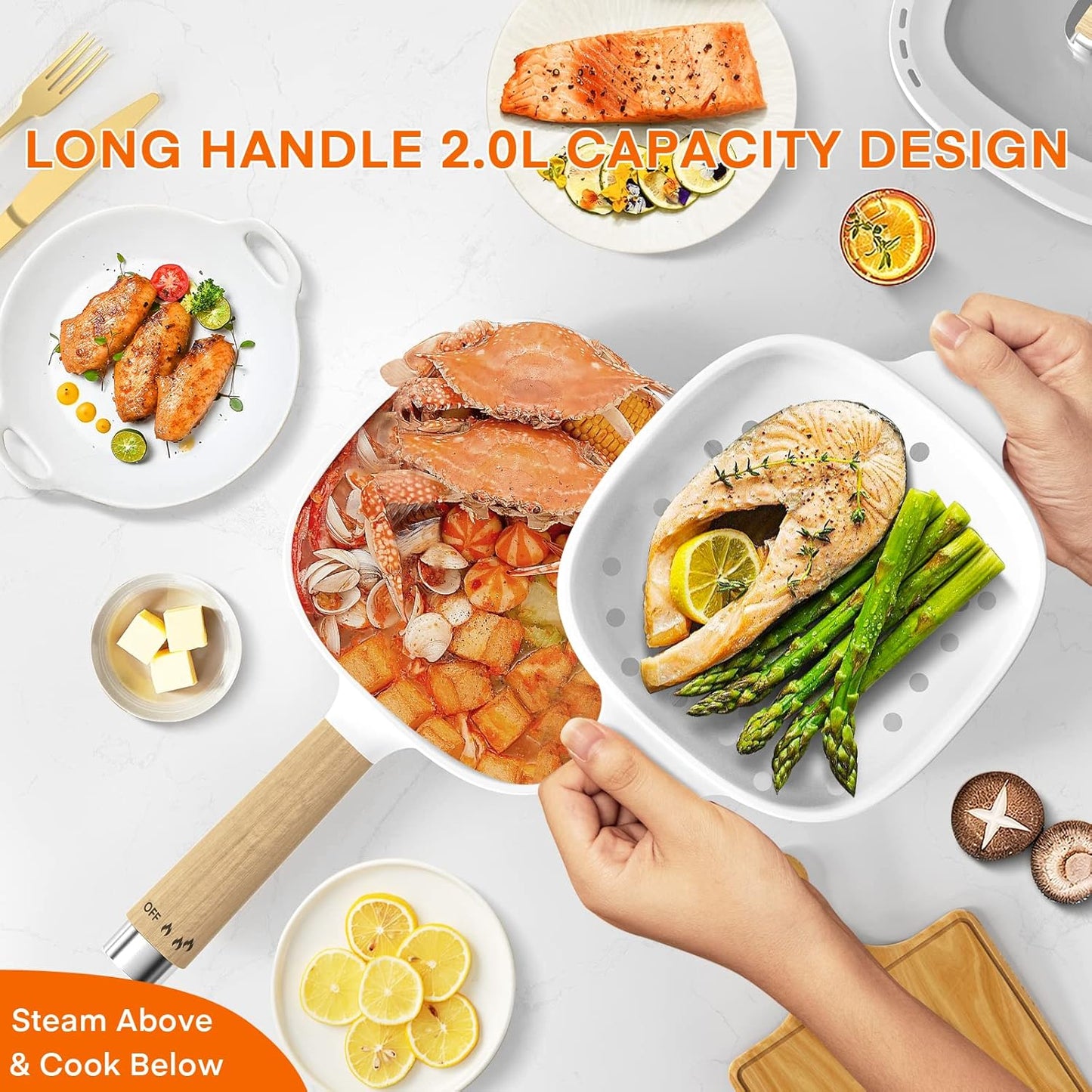 Audecook Hot Pot Electric 2L, Cermic Glaze Non-Stick Frying Pan 8 Inch, Portable Travel Cooker for Ramen/Steak/Fried Rice/Oatmeal/Soup, with Dual Power Control (Silicone Spatula Included)