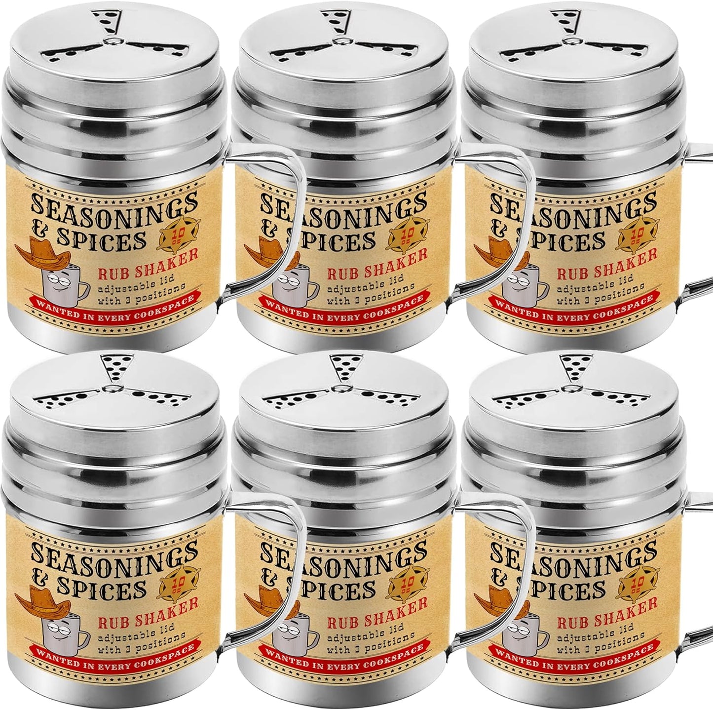 CUSINIUM [Pack of 6] 10 oz Seasonings Spice Shakers - BBQ Dry Rub Shakers - Cooking Dredge with Adjustable Fan-Style Lid and Handles