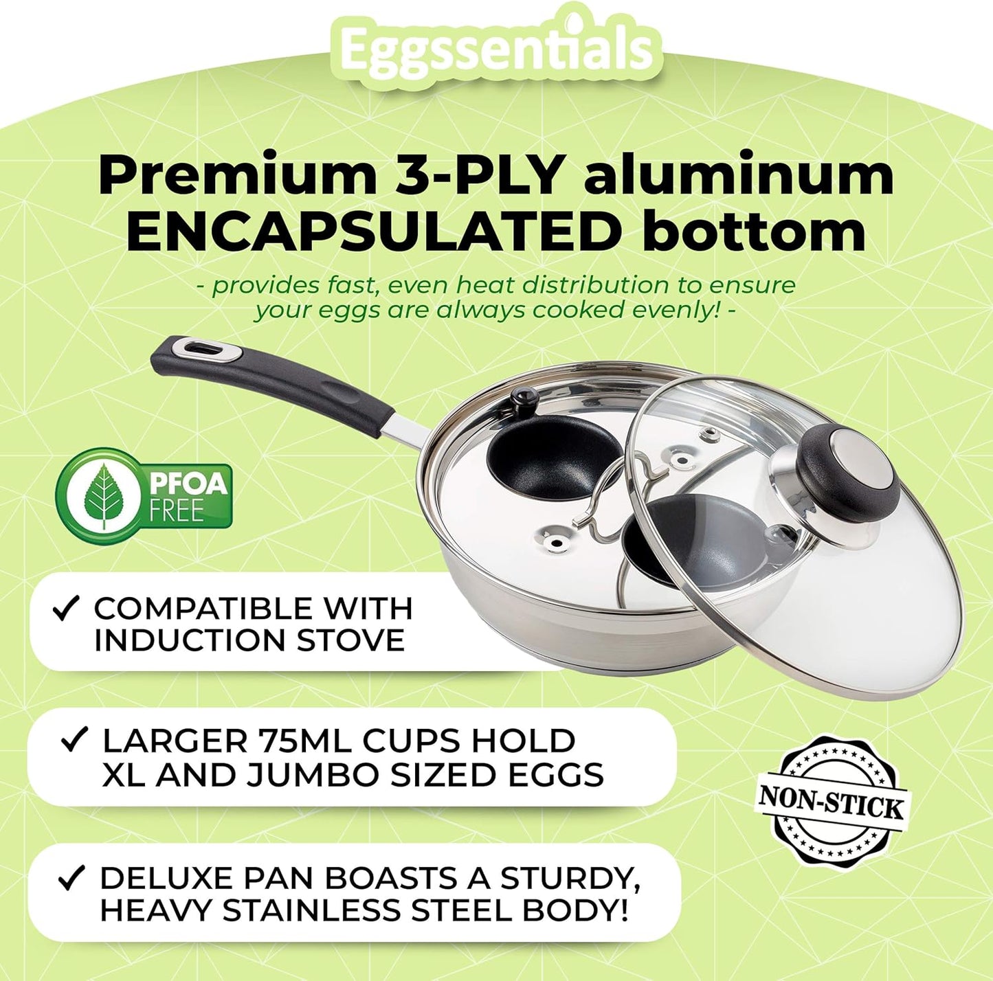 Eggssentials Egg Poacher Pan Nonstick Coating - Poached Egg Cooker, Stainless Steel Egg Poaching Pan PFOA Free with Spatula, Poached Egg Maker, Egg Poachers Cookware