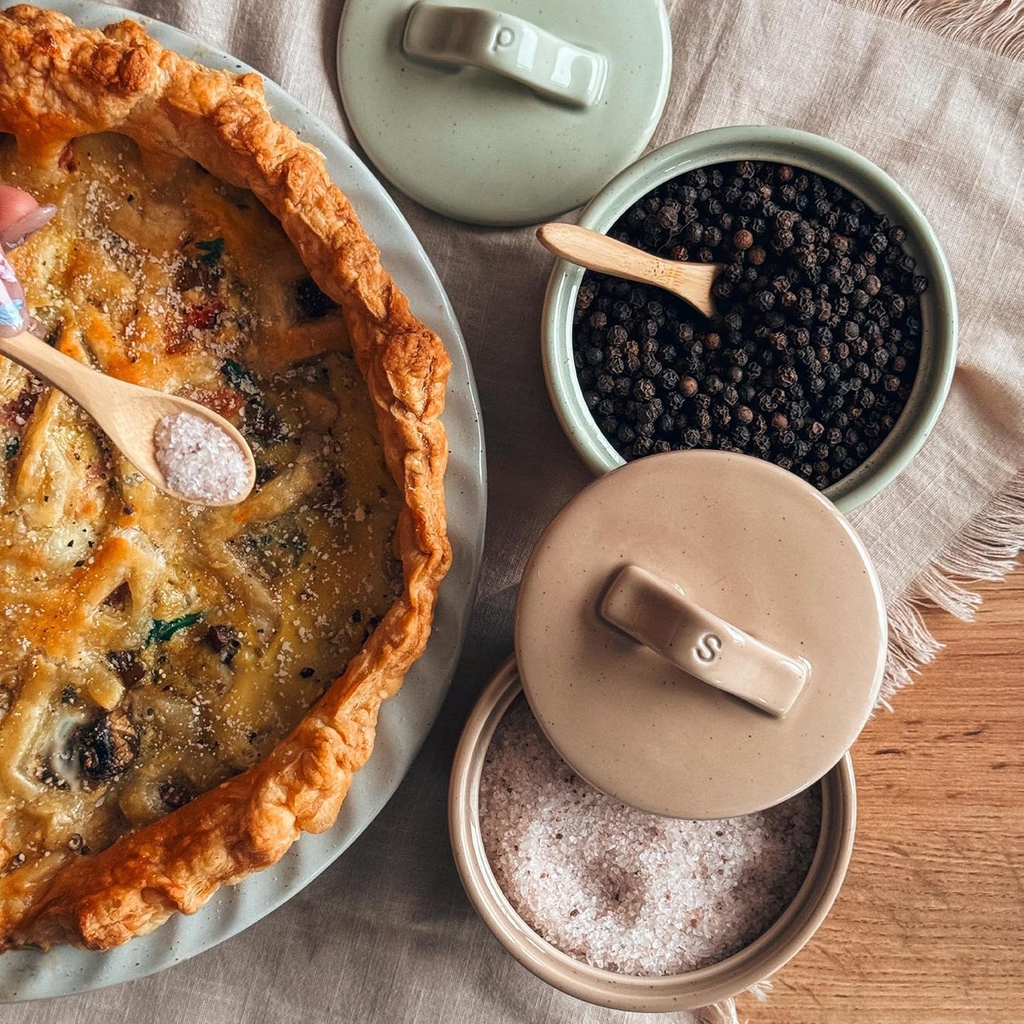 Mora Ceramic Salt and Pepper Cellar Set with Lid - 10 oz Modern Canister/Container/Bowl for Storage, Sea Salt, Spice, Sugar, Countertop - Small Dish/Jar with Wood Spoon, Matcha & Chai Crock