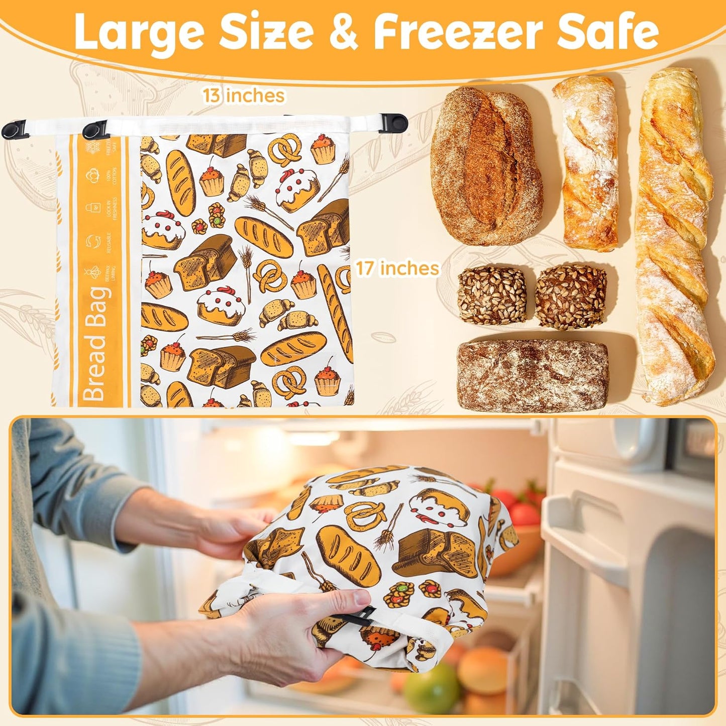 2-PACK Reusable Beeswax Bread Bag for Homemade Bread & Sourdough Loaf, Fridge-Safe Dual-Zip Storage Container with Natural Cotton & Beeswax Lining Lock Freshness, Dates Lable Cards Included