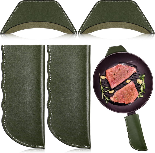 Baderke 4 Pcs Leather Cast Iron Handle Cover Handmade Leather Heat Resistant Skillet Handle Set Pot Holder for Hot Frying Pans, Pots(Army Green)