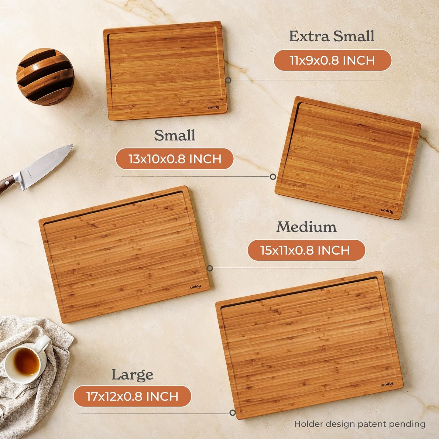 SMIRLY Bamboo Cutting Boards, Brown Bamboo Wood Cutting Board for Kitchen, Set of 4 with Holder & Deep Juice Groove, Butcher Block for Chopping Meat, Charcuterie Cheese Serving Tray, Kitchen Gadgets