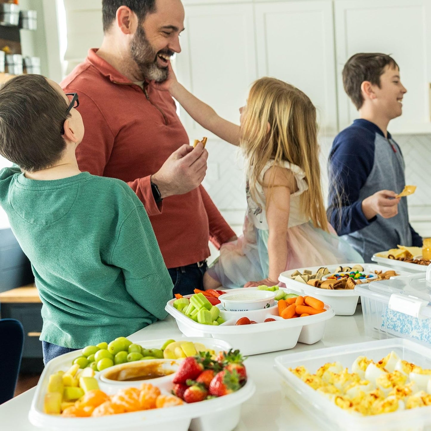 Buddeez Jumbo Divided Serving Tray with Lid - Includes 6 Bins for Party Platter, Snackle Box Container, Fruit and Veggie Tray, Chip