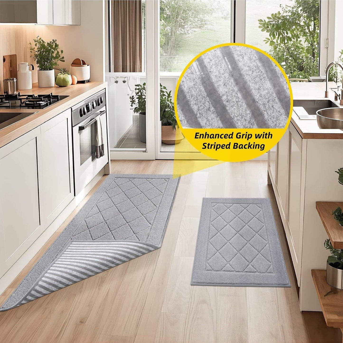 JSEI Non-Slip Kitchen Rugs, Self Adhesive No Sliding Kitchen Mats Set of 2, Soft Washable Absorbent Floor Mat for Kitchen, Bathroom, Laundry Room, Bedroom, 20”x32”+20”x48”, Light Grey, Diamond Pattern