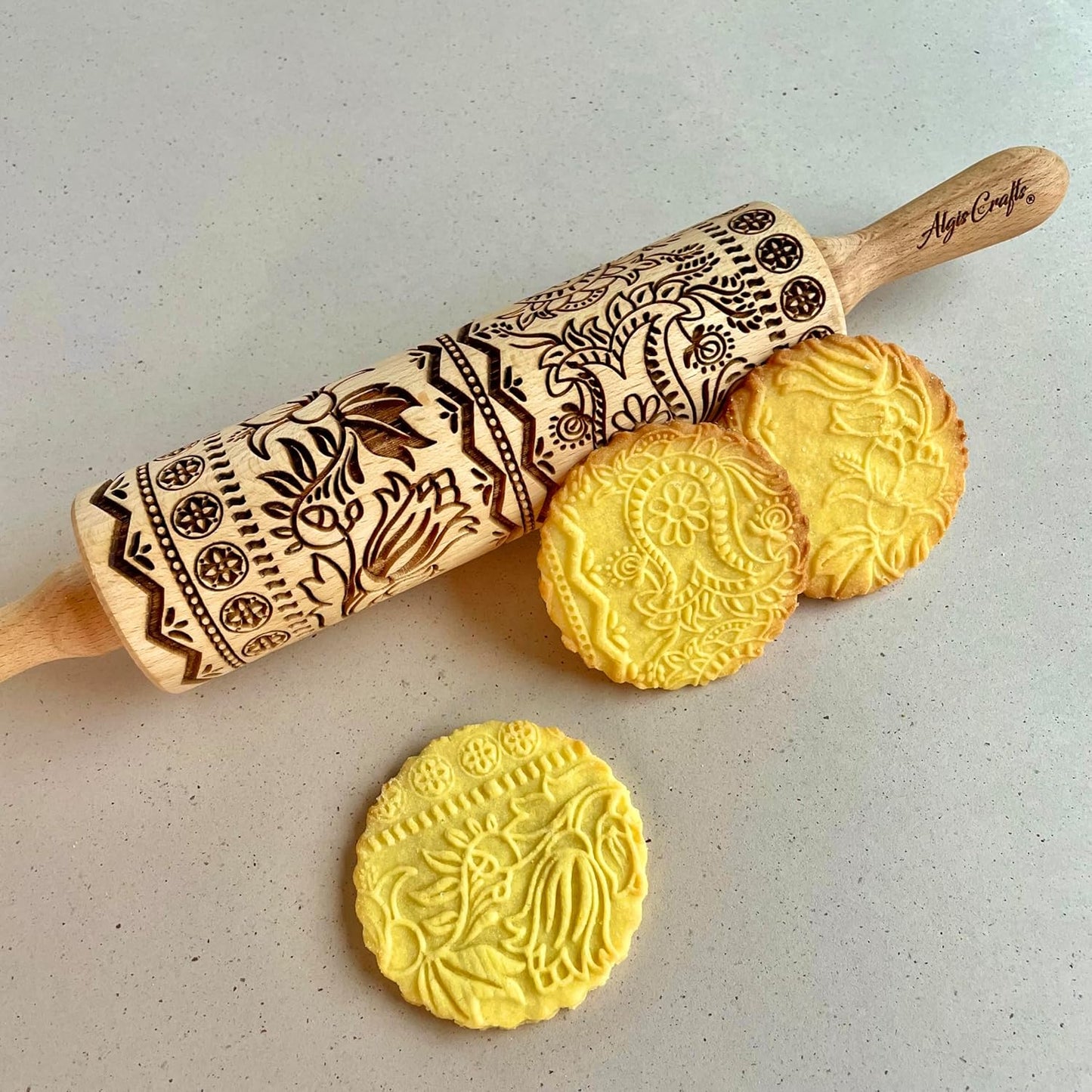 ECHO Embossing Rolling Pin with Ornamental Bloom Pattern – Dough and Clay Roller for Embossed Cookies and Pottery - Cookie and Ceramic Stamp - Baking Gifts for Women by Algis Crafts