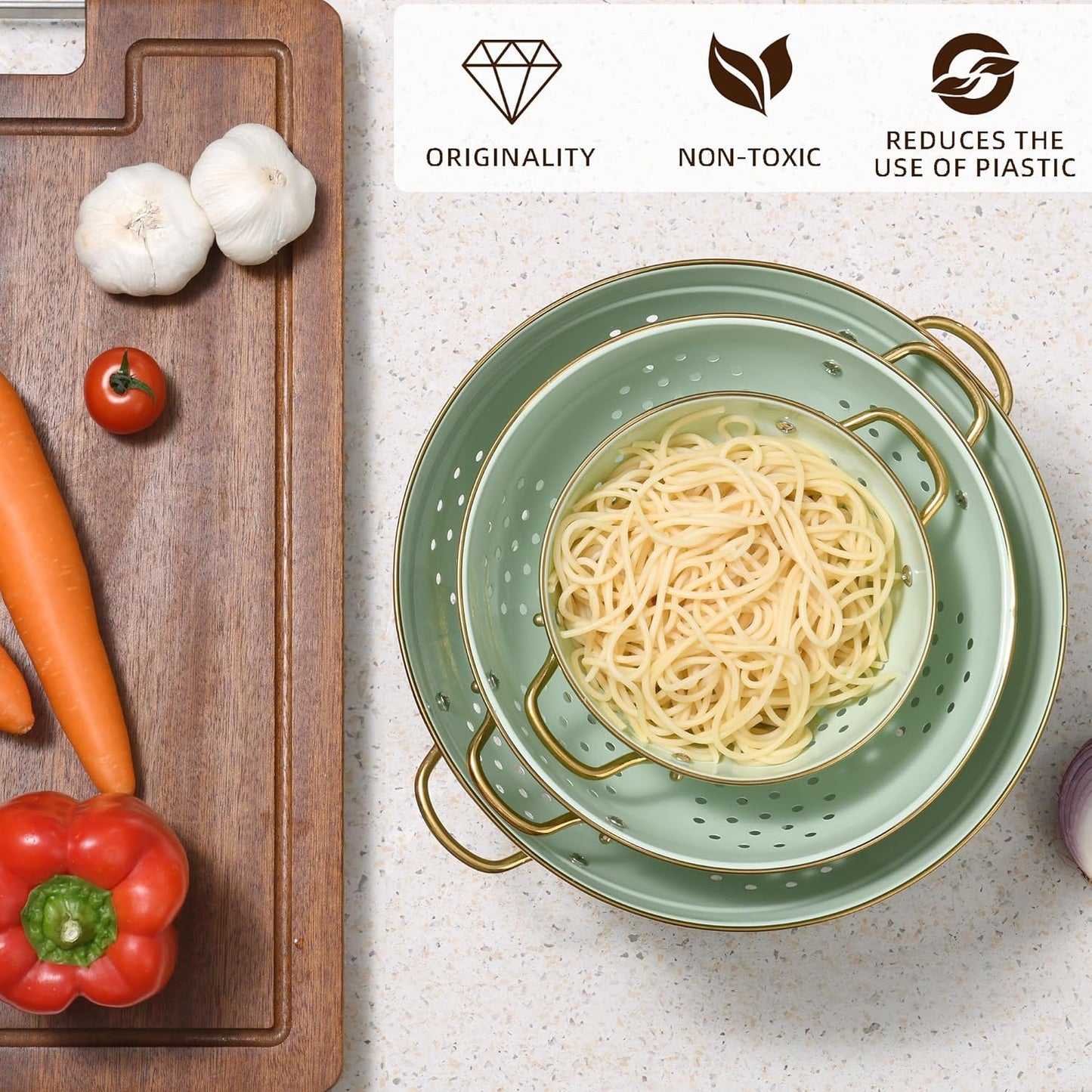 Metal Colander Set of 3, Strainer Basket with Handles perfect for Spaghetti, Pasta, Berry, Vegetable, Fruit, Solid Base Powder Coated Kitchen Essential Strainer Set, 1 & 3.5 & 5 Qt (Green)