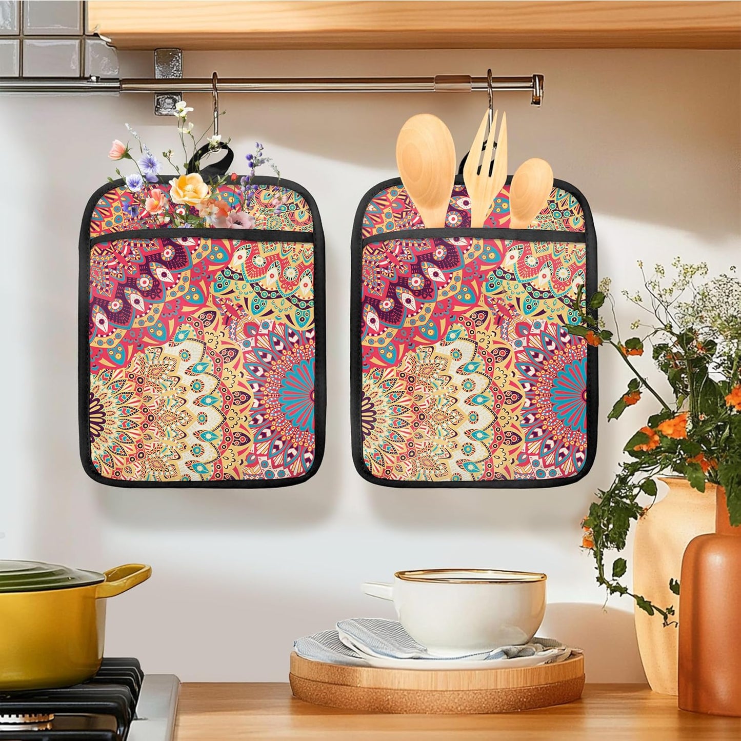 Colorful Abstract Mandala Floral Pot Holders for Kitchen, Boho Vibrant Ethnic Flower Botanical Heat Resistant Hot Pads and Oven Mitts for Baking Cooking